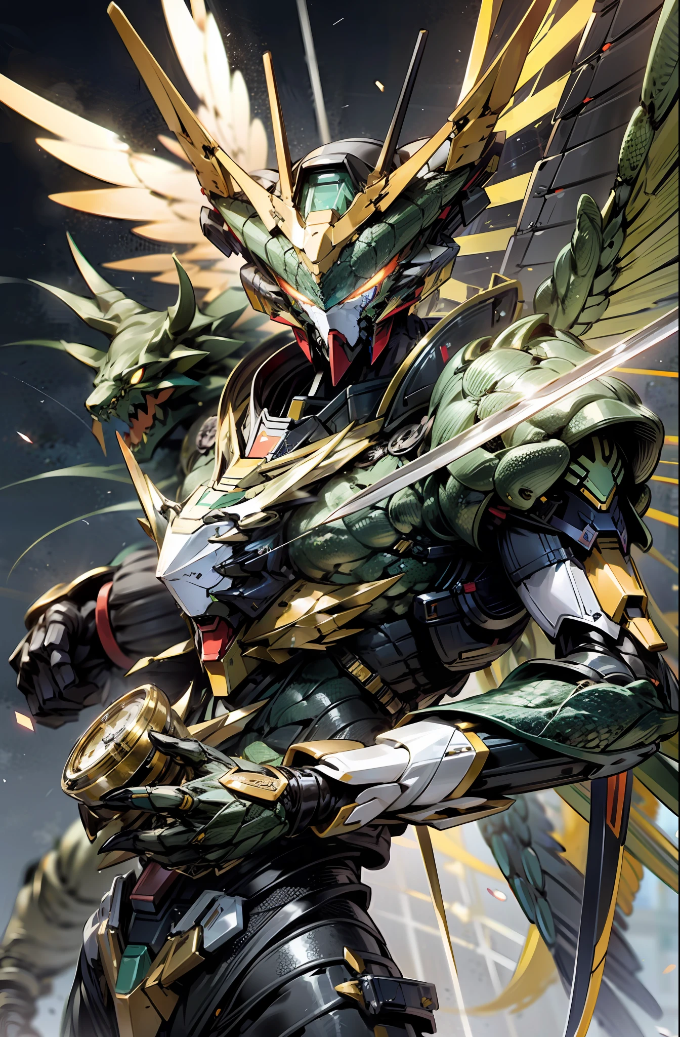 Bokeh, attack, concise, 8k wallpaper, robot, eyes glowing cross Golden, mecha, Dapeng spreading its dragon wings, holding a sword aiming at the target, diamond, yellow, black, dragon Gundam, reptile Gundam, look at camera, (half body), ((beast)), Gundam, Kamen rider agito,