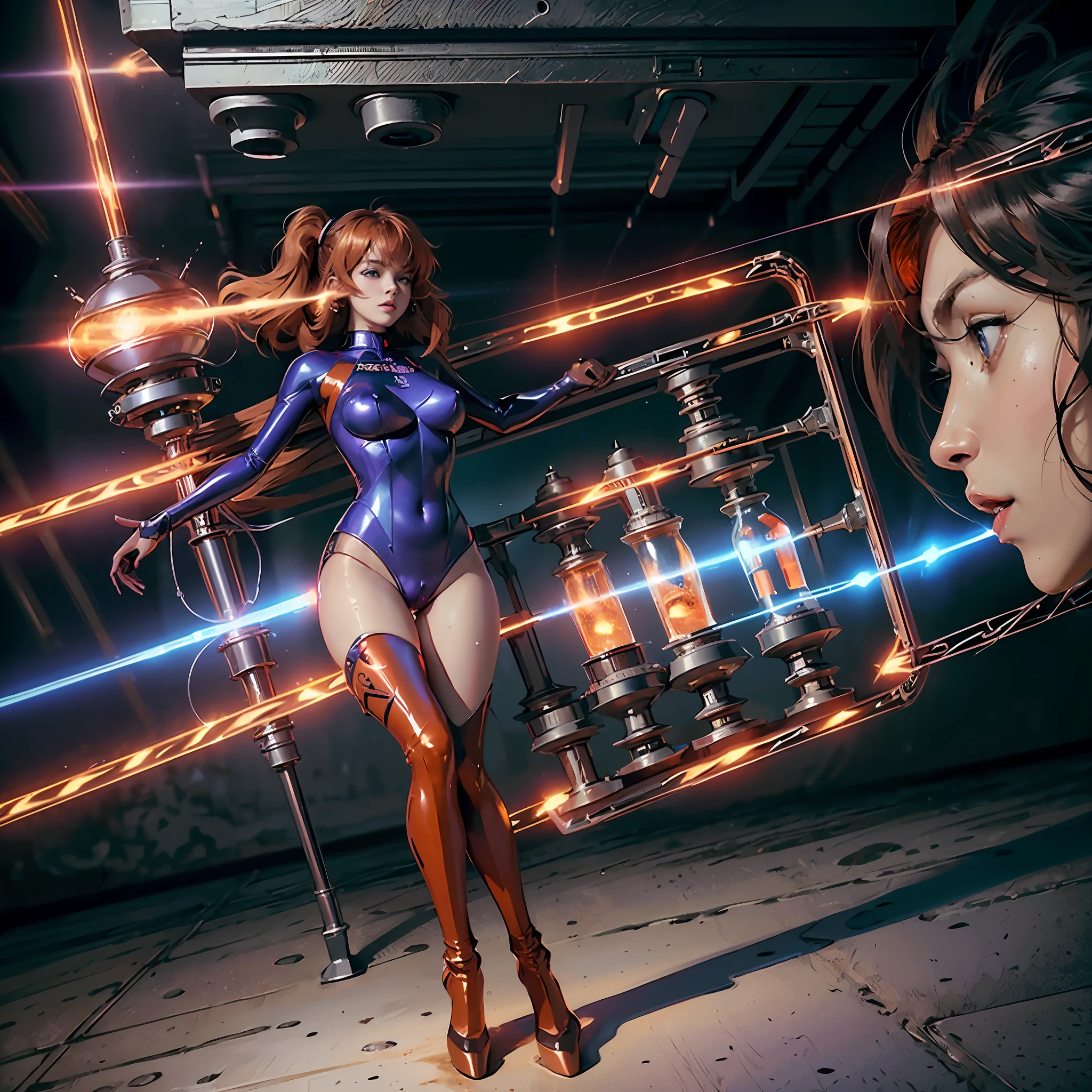 1 girl, asuka langley soryu, blue eyes, hair between eyes headgear interface headset ,orange shiny hair, ((perfect proportions slim body)), perfect ass, perfect breats, big nude breast, cameltoe, sexy pose,(( Shiny red and purple latex datiled suit)), vulgarity, ((shiny skin)), whith one laser gun, high lighting, high full color, in a dark spaceship cabin, in a space, planet terror, ((best quality)), ((masterpiece)), (high-resolution:1.2), ((best quality)), ((masterpiece)), (high-resolution:1.2), (({masterpiece}}}, {{{best quality}}}, {{ultra-detailed}}, {illustration}, {{an extremely delicate and beautiful}},