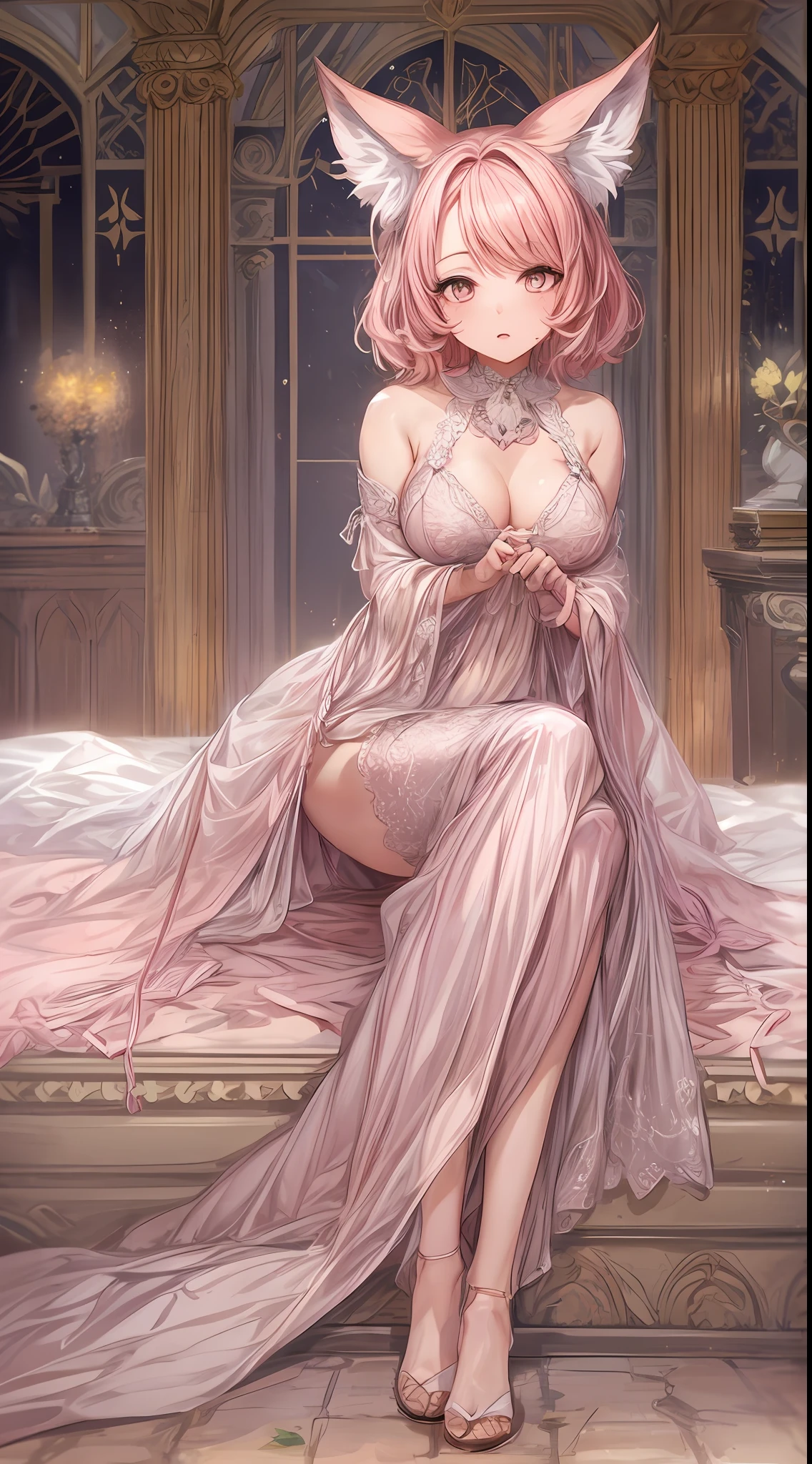 anime (🦊 fox ears, enchanting pink hair, alluring focus on crotch, ample bosom, stunning lace gown)