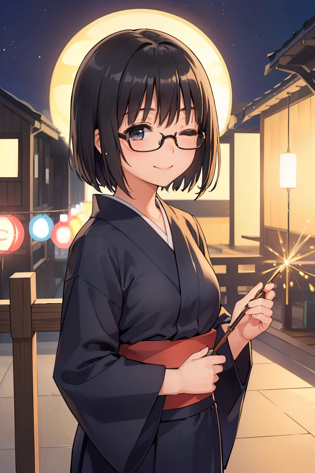 (1 、A dark-haired、short-hair、straight haired、hair adornments、eye closed、A smile、wearing black glasses、small tits、cute  face)、​masterpiece、top-quality、Japanese Yukata、Geta、sky at night、sparklers、houseboat