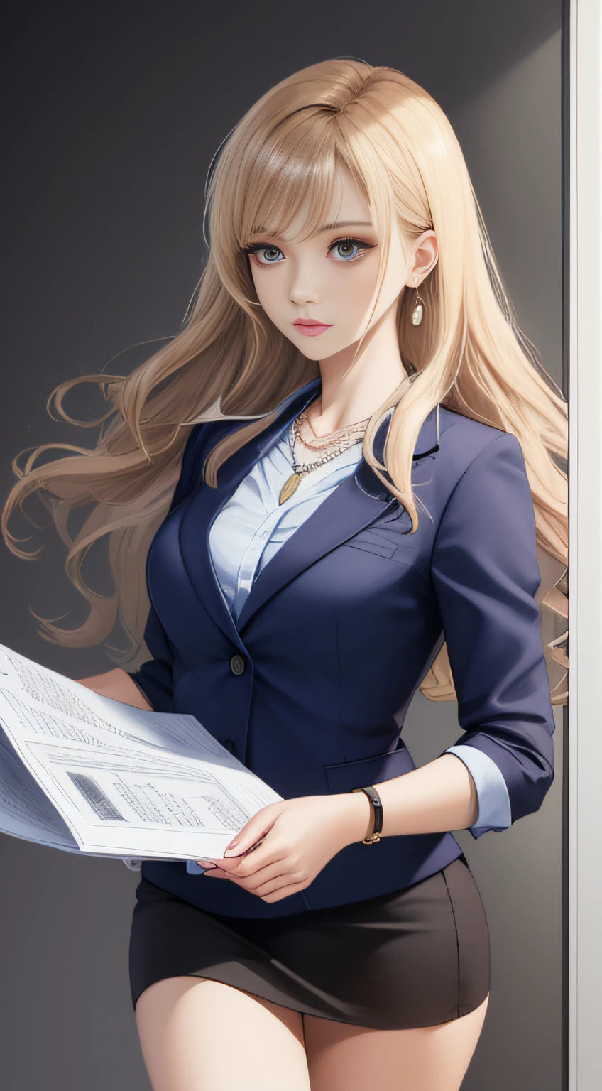 Masterpiece,Best quality,offcial art,Extremely detailed Cg Unity 8K wallpaper,Women in the workplace,Medium breast,((Business attire)),(Short skirt),Girl&#x27;Charming face,High nose,(Face alignment),white complexion,Oval face,almond eyes,Bright eyes,Beautiful detail eyes,Deep eye sockets,Delicate hand depiction,sophisticated haircut,Messy hair,Supple hair,Closed lips,necklace,Drop earrings,Wavy hair,