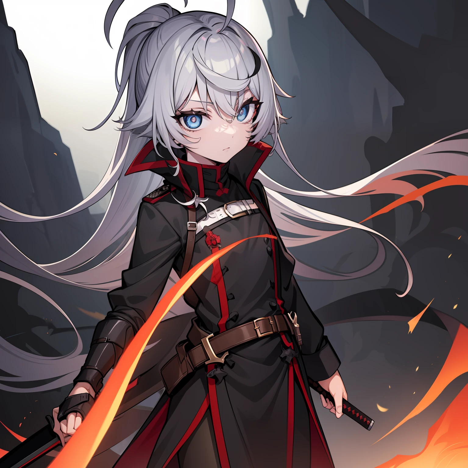 Black tunic,white under lingerie,A man,There is a scar in the frontal corner,A long black knife was inserted into his waist,Red longsword,householder,pupils,college aged,Gray eye。