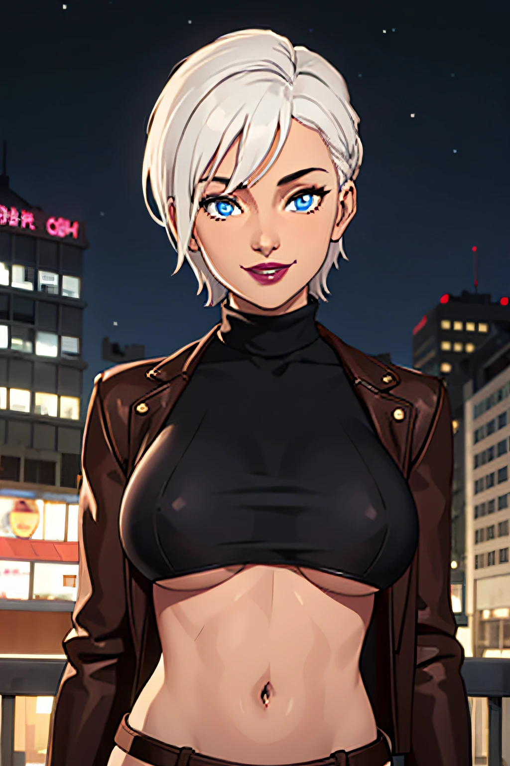 arcane style, 1girl, white hair, short hair, bright blue eyes, looking at viewer, night, city, midriff, dark lips, solo, standing, upper body, large breasts, turtleneck, tan leather jacket, underboob,shy smile