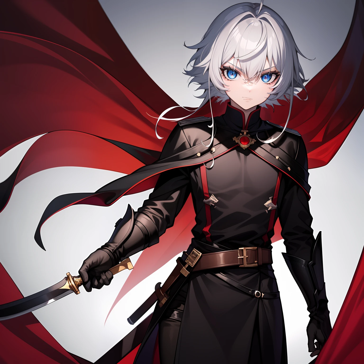 Black tunic，white under lingerie，A man，There is a scar in the frontal corner，A long black knife was inserted into his waist，Red longsword，householder，pupils，college aged，Gray eye。