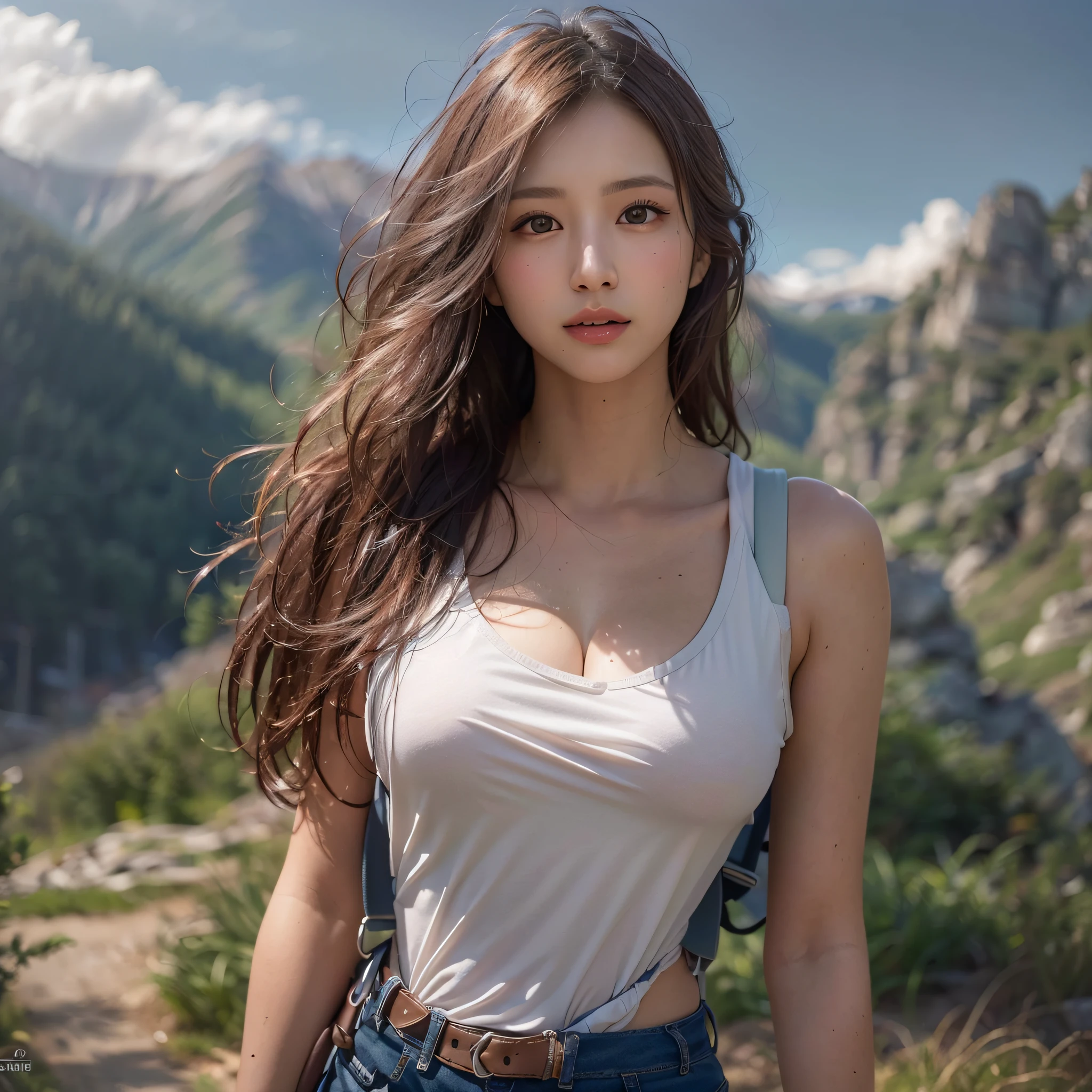 (Background, Magnificent mountain views, blue open sky, white clouds):1.3, (medium hari, dark brown hair), (top-quality, Photorealsitic:1.4, masterpiece:1.3, RAW Photography:1.2, cinematric light, very detailed illustration), (1woman:1.3, solo), (Large size T-shirt,shortpants), (Carrying a backpack), (Walking along a mountain trail), (ultra delicate face, ultra Beautiful fece, ultra delicate eyes, ultra detailed nouse, ultra detailed mouth, ultra detailed facial features), ite woman, (medium breast:1.3), from the front side, skiny, lipgloss, Show cleavage