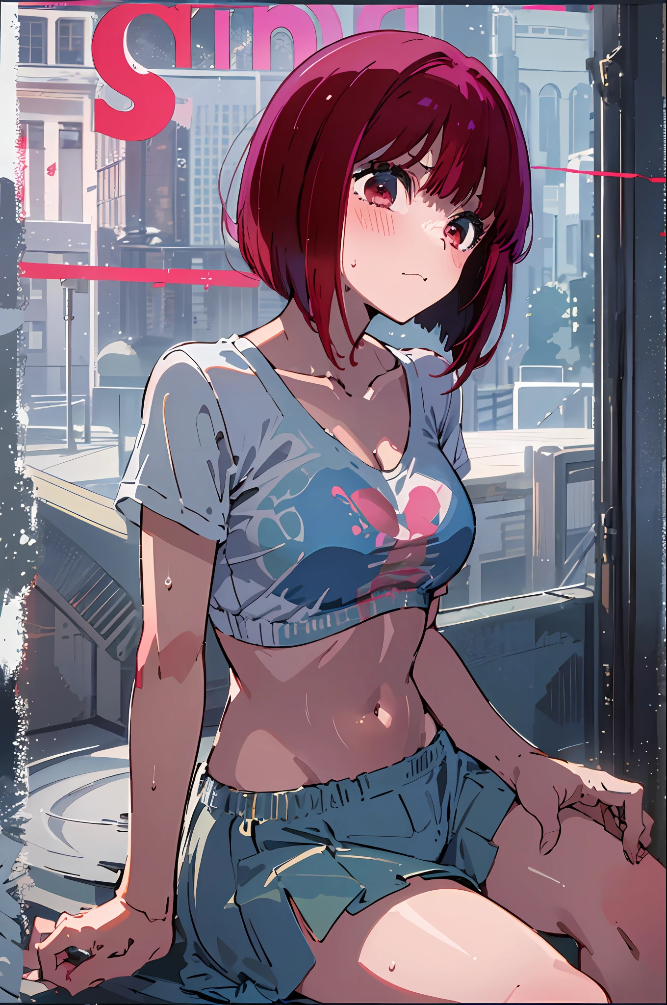 Absurdity, High Resolution, Reflection, Refraction: 1.4, Ultra Detail: 1.0, BREAK (Model Shooting Style, (Masterpiece:1.3), (Absurdity:1.3), (Best Quality:1.3), (8K), (Masterpiece Digital Art), (Detailed Manga Illustration), (Bob Cut Hair), Perfect Anatomy, (Complex Detail:1.3), (Super Detail:1.3), (Super Detail:1.3), (Sharp Focus:1.3), (Vibrant Colors:1.3), 1 Girl, Solo, Ali Makana, Idol, (Bob Cut Hair:1), Hair Between Eyes, Multicolored Hair, (Two-tone Hair, Red Hair, Pink Hair), Red Eyes, Floating Hair, Leaning Back, (Sweat, Sweat Drops), (Wet, Wet Clothes, Light Y-shirt, Sports Bra Staggered to the Top, Wet Hair, Shiny), blue miniskirt, partially unbuttoned, sitting, glancing, from above, (embarrassed, embarrassed, blush), castle, masterpiece in every detail, digital illustration award winner, best ever masterpiece, life's biggest scene, fantastic professional direction, fashion model posing