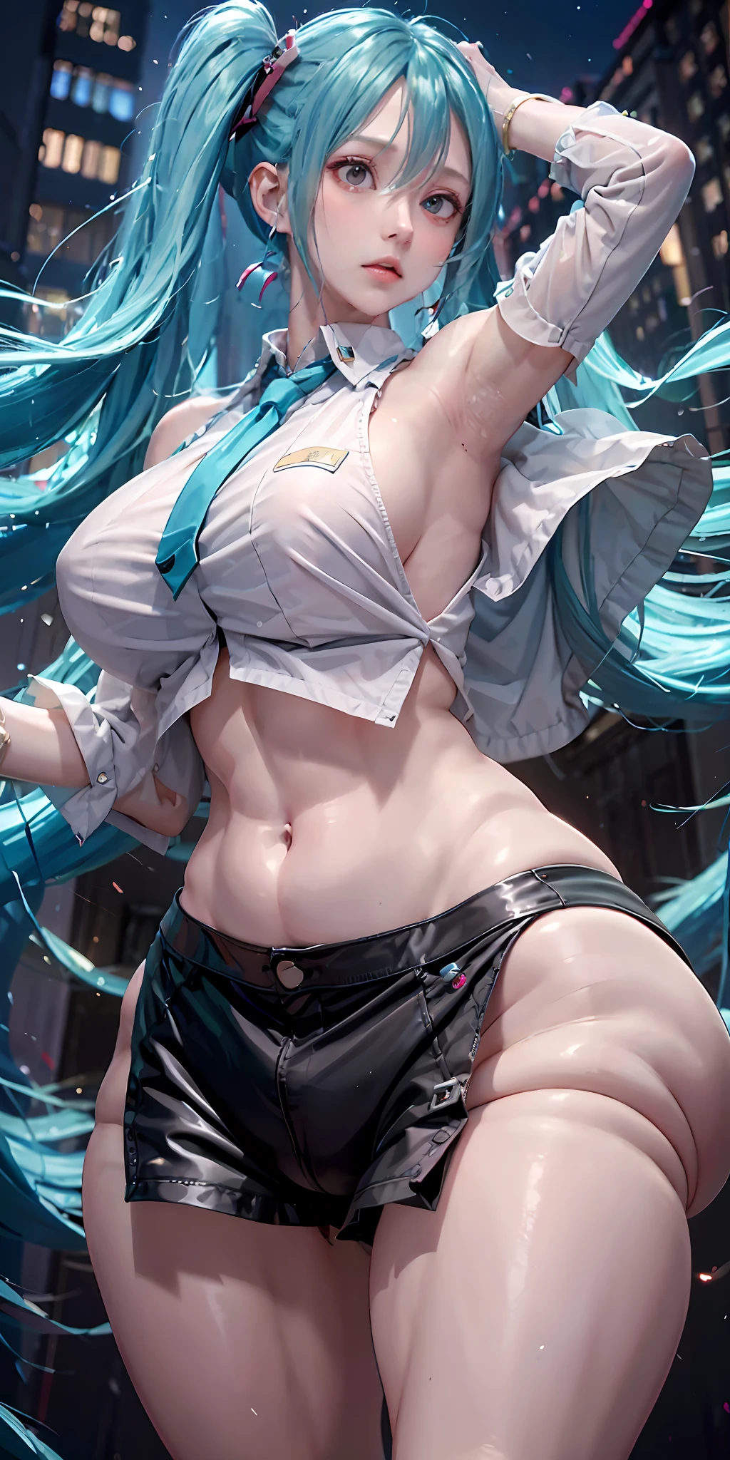 Photorealistic, , High resolution, (masutepiece:1.4), super detailed, 1 Awkward Girl, Smooth skin, shiny milky skin, Colossal tits, Big ass , venusbody, thick juicy thighs, collarbone, Cleavage,mabest quality, 1girl,mature female, miku, blue long hair, large breasts,   night club house, strip