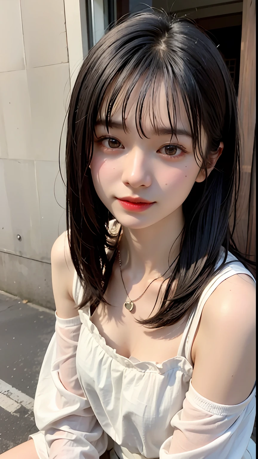 ((top-quality、​masterpiece))、Raw photography、8K、top-quality、 超A high resolution、Beautiful face in every detail、Realistic human skin、Gentle expression、front-facing view、Farbe々From an angle、length hair、realisitic、Photorealsitic、cute little、Cute Girl、White Dress、off shoulders、blue-sky、a necklace、outside of house、shores、sand beach、