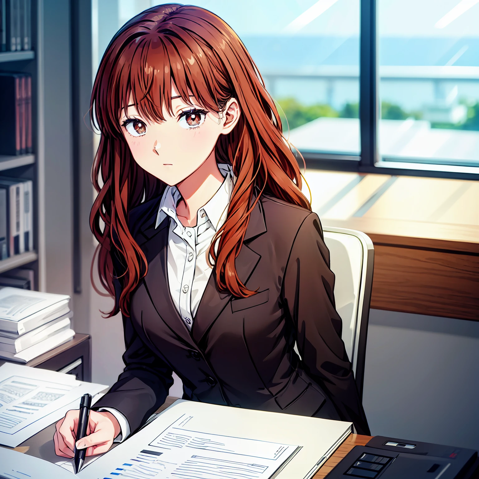 1 girl, long hair, brown hair, wavy upper-back length, brown eyes, black blazer, grey blouse, white pantyhouse, inside office, on top office desk, computer, smartphone, printers, papers, hold a pen in right hand