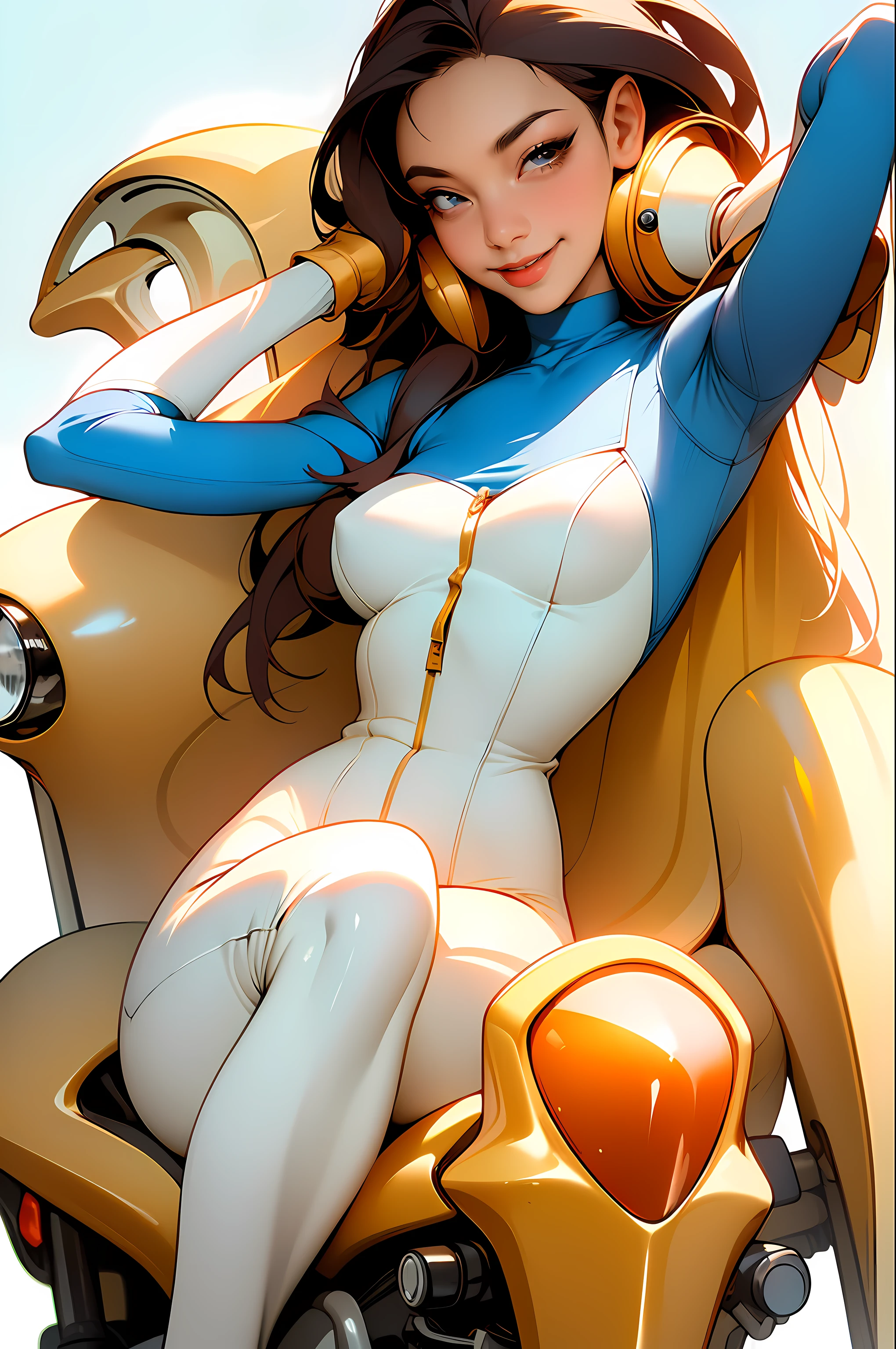 masterpiece, (masterpiece, top quality, best quality),1girl, solo, bodysuit, breasts, long hair, white background, smile, simple background, medium breasts, helmet, looking at viewer, skin tight, sitting, lips, blue bodysuit, motorcycle, black gloves, gloves