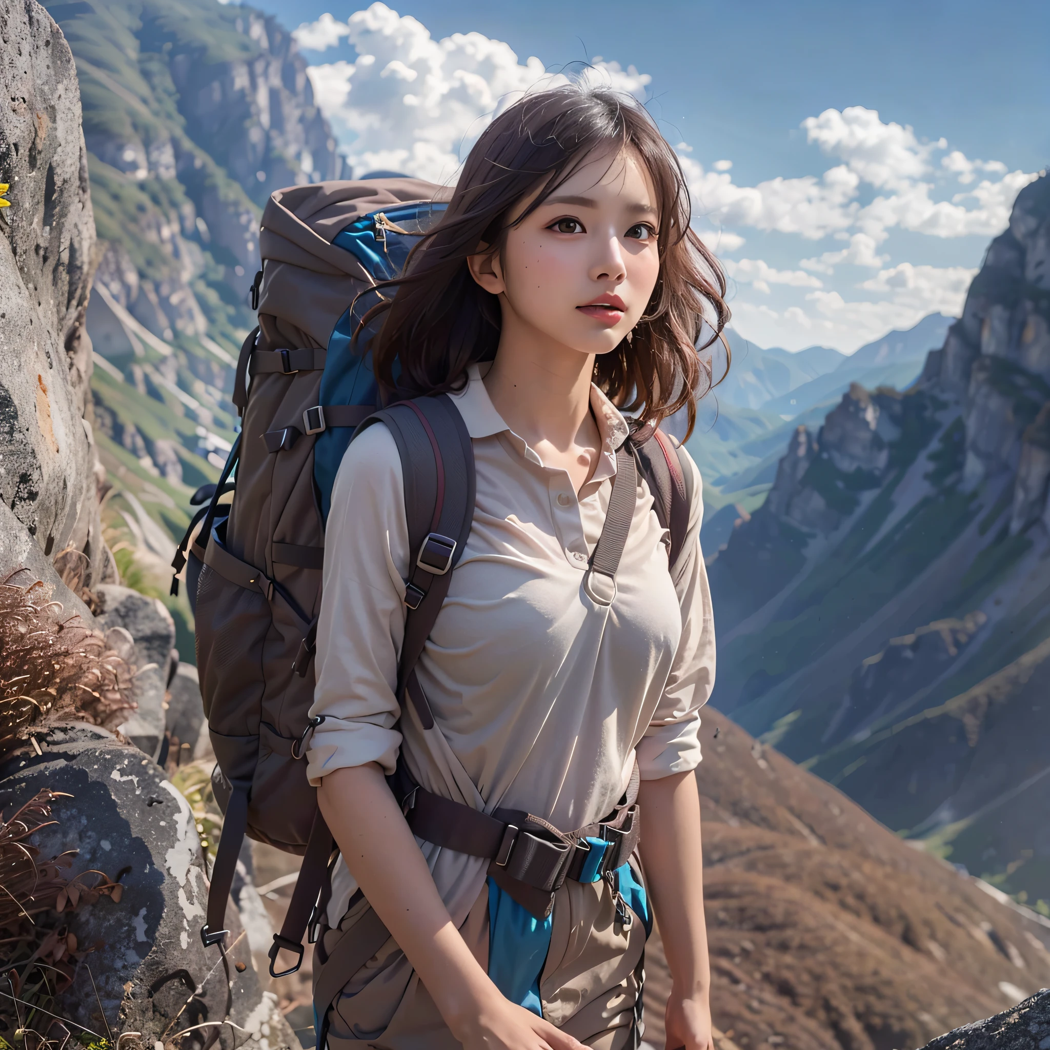 (Background, Magnificent mountain views, blue open sky, white clouds):1.3, (medium hari, dark brown hair), (top-quality, Photorealsitic:1.4, masterpiece:1.3, RAW Photography:1.2, cinematric light, very detailed illustration), (1woman:1.3, solo), (T-shirt, Trekking Pants), (Carrying a backpack), (Walking along a mountain trail), (ultra delicate face, ultra Beautiful fece, ultra delicate eyes, ultra detailed nouse, ultra detailed mouth, ultra detailed facial features), ite woman, (medium breast:1.3), look up sky