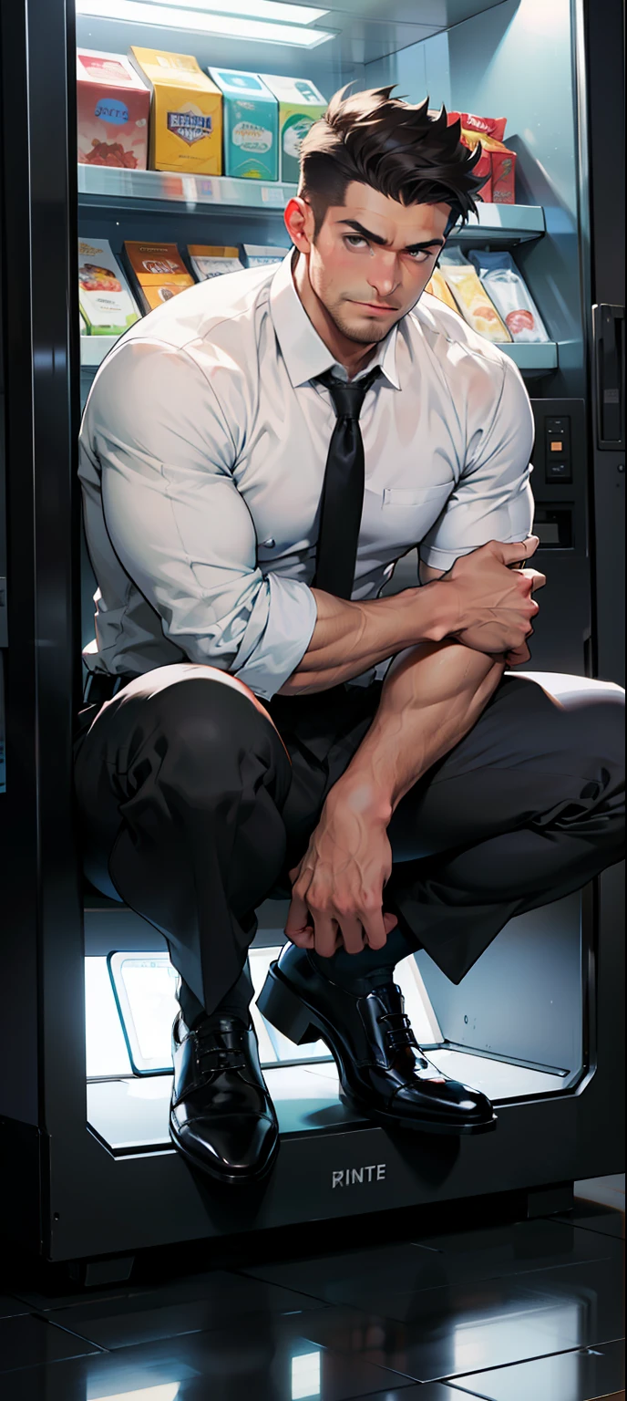 masterpiece, best quality, face, natural eyes, 1man, european, big feet, black socks, (in suit), a businessman in suit, a squat in fornt of a vending machine and facing it, full body, white shirt, only wear white shirt, black socks, leather shoe, large bulge, long legs, looking at viewer, 30 years old, muscled and mature, short haircut, legs streched, sweating, tight cloth, erecting