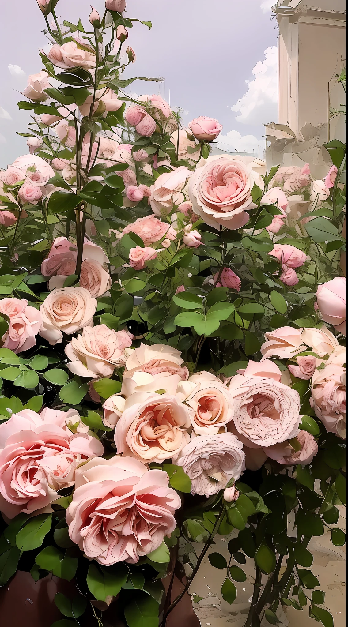 There is a clump of pink roses in the pot outside, rosa bonheurn, rose-brambles, Rozen Maiden, Rose garden, Rose, pink rosa, rosette, rose twining, heavily ornamental, natural point rose', Incredibly beautiful, with soft bushes, rosses, Pink rose, Fragrant plants, big breasts beautiful, lush plants flowers, Beautiful image, highly ornamental
