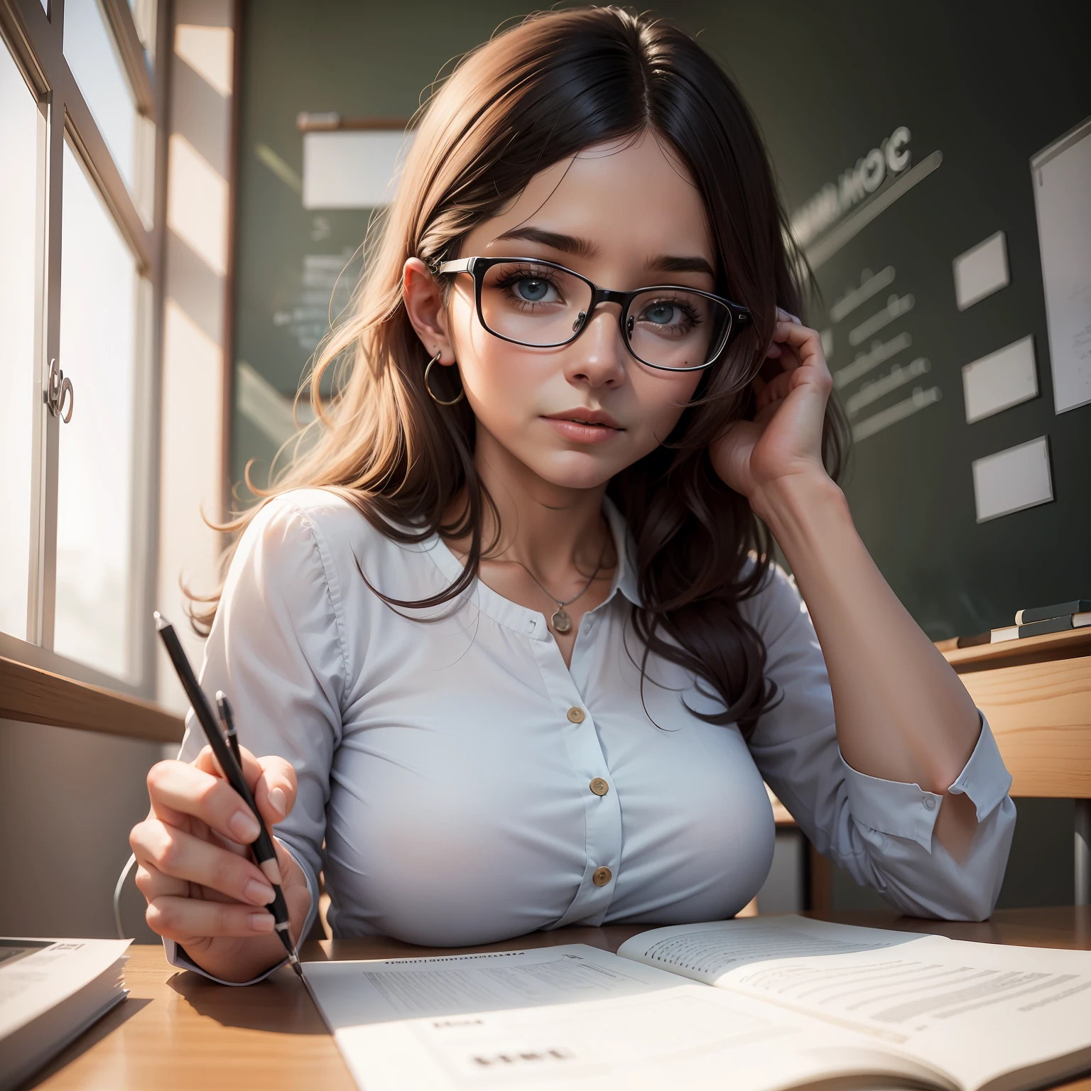 Desenho hiper-realista, extremamente detalhado em qualidade 8k, a woman with a 30-year-old appearance, teacher with glasses, em uma sala de aula com uma lousa ao fundo.
