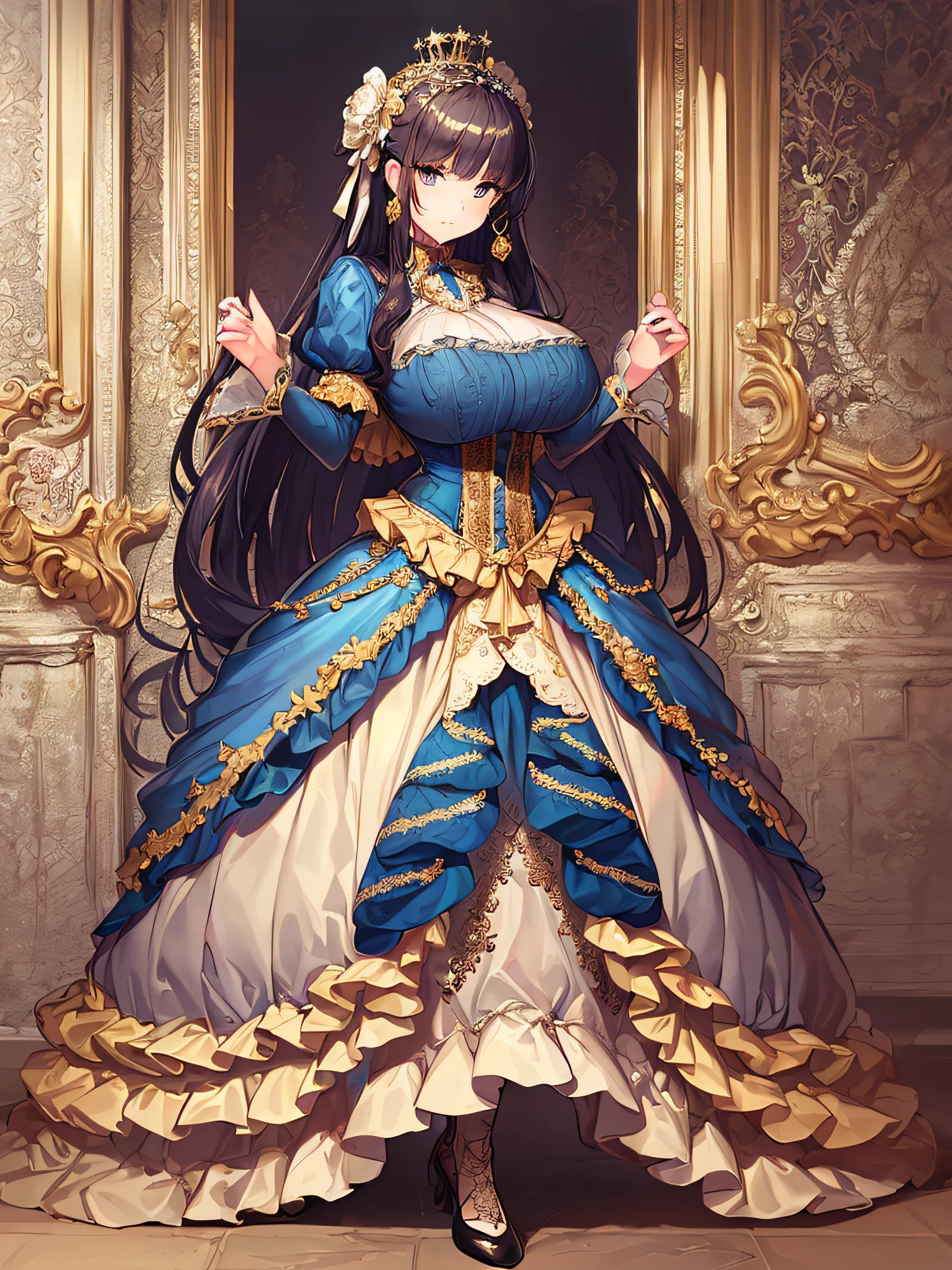 ((anime artstyle)),(Masterpiece),(Best Quality), (Super Detail),((Very Delicate and Beautiful)),((Solo)),((full body)),((1 princess in gorgeousfull victorian dress with voluminous skirt)),many ruffles,detailed face and eyes,jewel-like eyes,((voluminous Very Long Straight Hair)),((gorgeousfull embroidery and lace)),gorgeous corsage,See-through,gorgeousfull hair ornament,gorgeousfull glitter jeweled tiara,ornate ruffles,((gigantic breasts,Long breasts)),skindentation,((full body)),((hoop skirt,crinoline)),standing pose,Dynamic Angle,Looking at viewer,royal victorian palace,(((gorgeous embroidery gorgeousfull victorian dress with voluminous skirt)),full body
