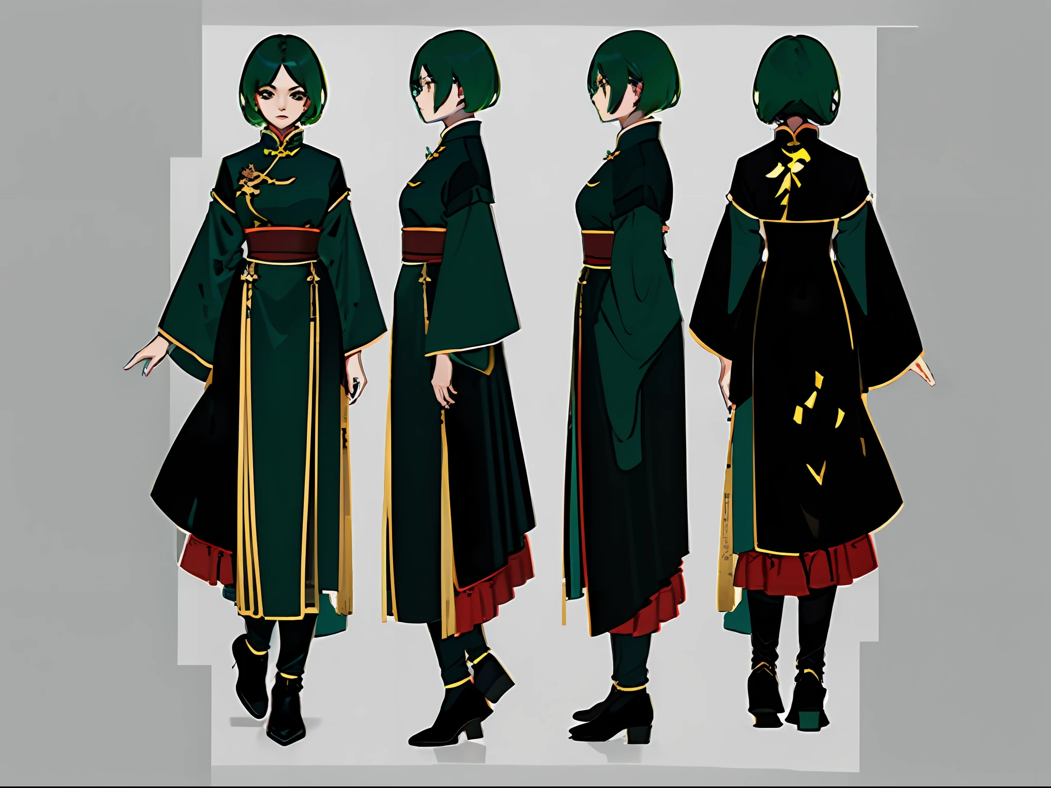 tmasterpiece,best qualtiy,1girll,Dark green hair,short detailed hair,Black eyes,Chinese outfit,eye glass,Three View,Character drawings,identical outfits,