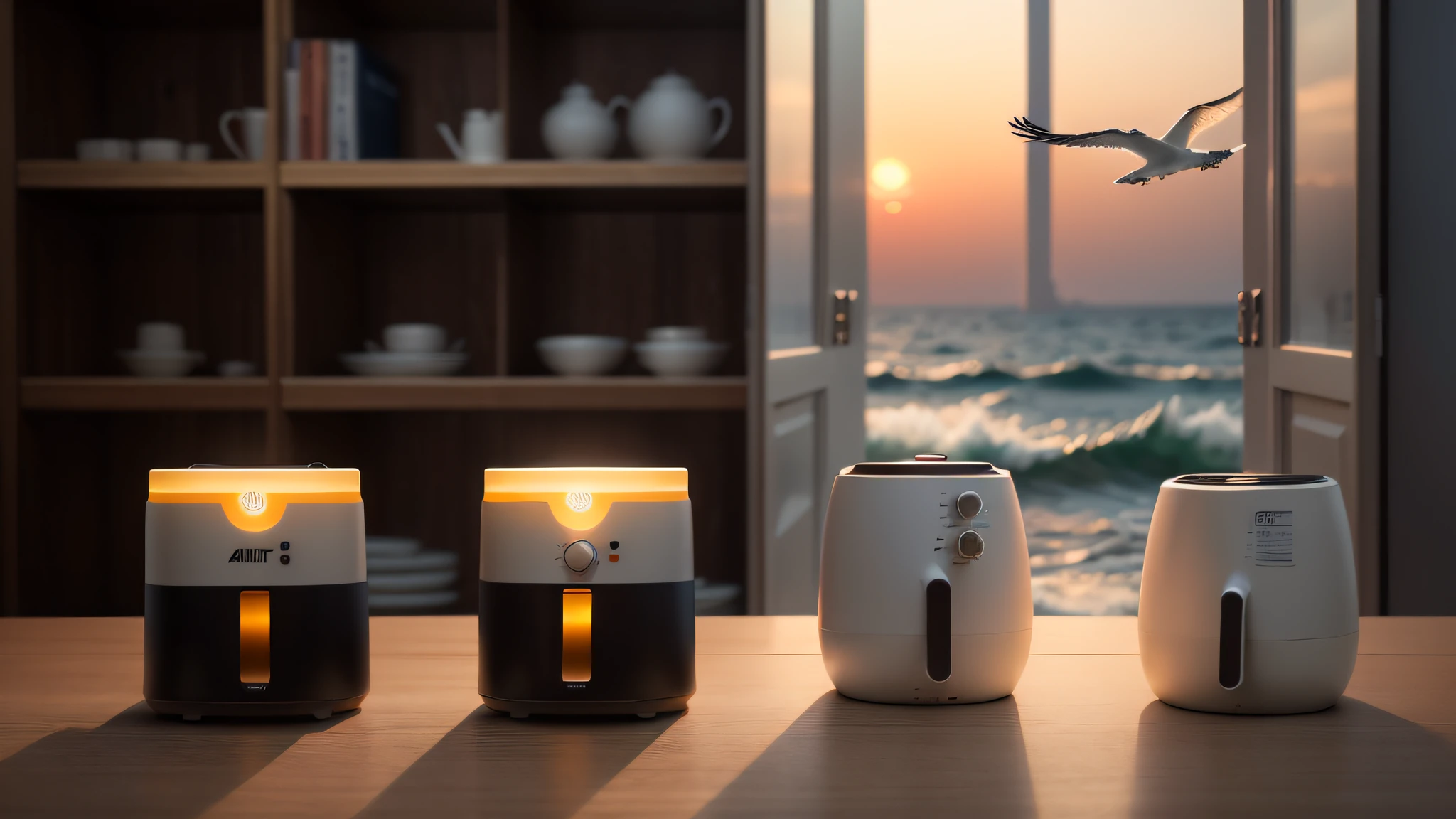 Air fryer placed on the table，the sea，Seagulls in the sky，Dusk，Evening clouds，The golden sun rises in the distance， Sea waves，seagulls，Modern tall house in the distance ， Chiaroscuro, hyper HD, 8K, Best picture quality ,realisticlying，Foto realism，cupboard，Lens perspective blur，Bright lights，Realistic lighting
