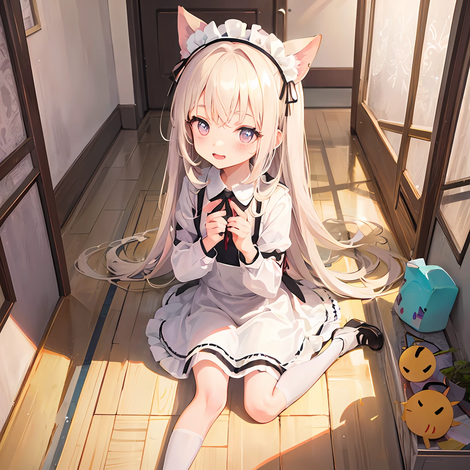 chibi, chibi character, deformed, a cute girl, happy, shy, maid clothes anime, manga, illustration, fantasy