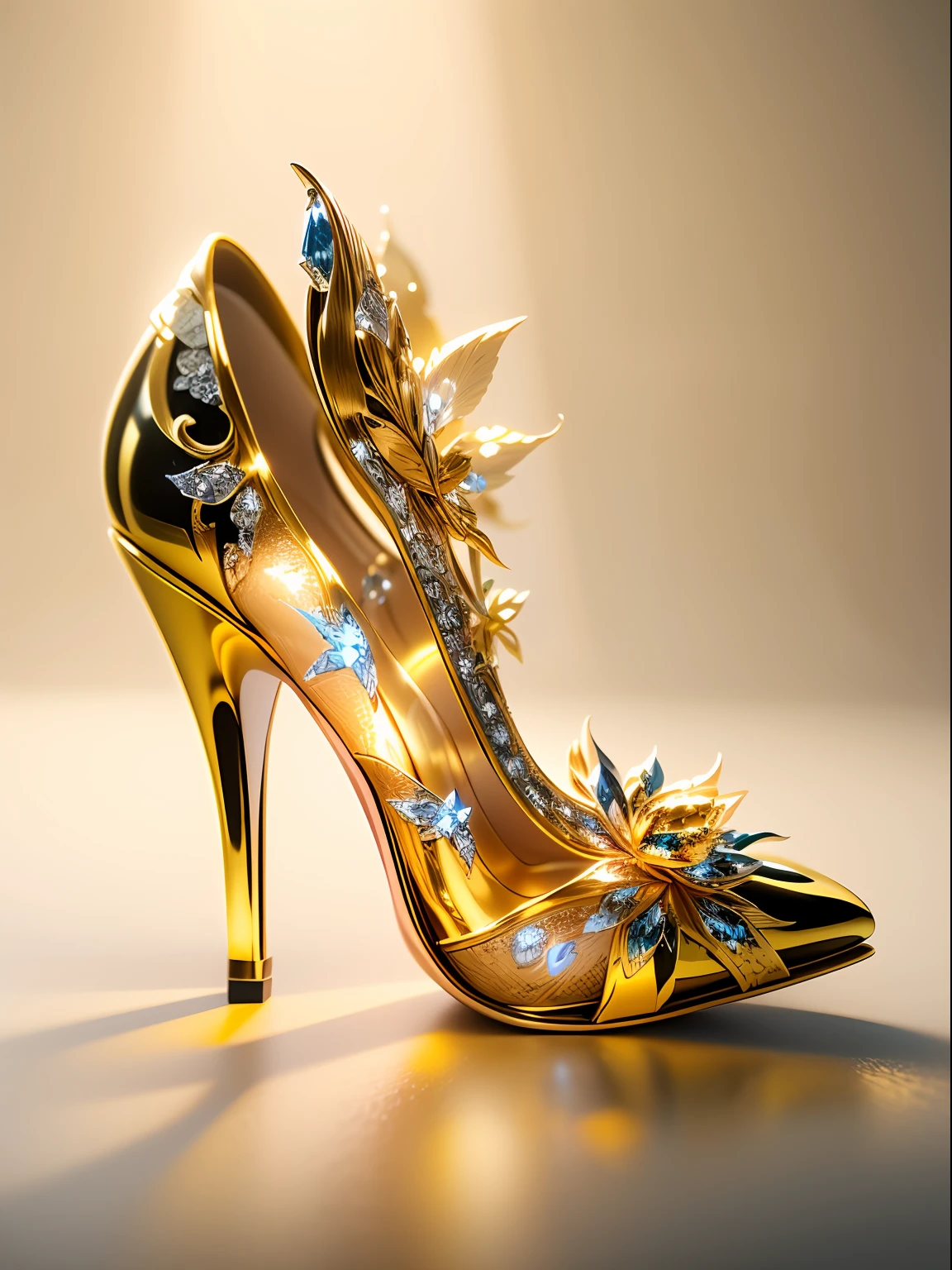 A pair of crystal high heels emanated（（（Red-gold particle effects：1.3）））,Complicated details，diamond，Sparkling， fanciful, Noble and elegant，streamline，Layered，（（（Do not distort and deform：1.3）））， Gorgeous and colorful, butterflys，florals，Amazing photography, dramatic  lighting, photo-realism, super-fine,Ultra photo realsisim，8k, depth of fields, A high resolution，The toe of the shoe faces the camera，（The overall silhouette is centered：1.3），3D,C4D,octaneratingrendering，super high image quality