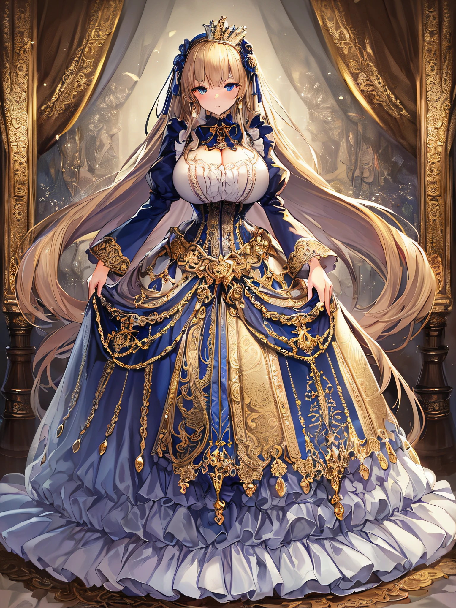 ((anime artstyle)),(Masterpiece),(Best Quality), (Super Detail),((Very Delicate and Beautiful)),((Solo)),((full body)),((1 princess in gorgeousfull victorian dress with voluminous skirt)),many ruffles,detailed face and eyes,jewel-like eyes,((voluminous Very Long Straight Hair)),((gorgeousfull embroidery and lace)),gorgeous corsage,See-through,gorgeousfull hair ornament,gorgeousfull glitter jeweled tiara,ornate ruffles,((gigantic breasts,Long breasts)),skindentation,((full body)),((hoop skirt,crinoline)),standing pose,Dynamic Angle,Looking at viewer,royal victorian palace,(((gorgeous embroidery gorgeousfull victorian dress with voluminous skirt)),full body