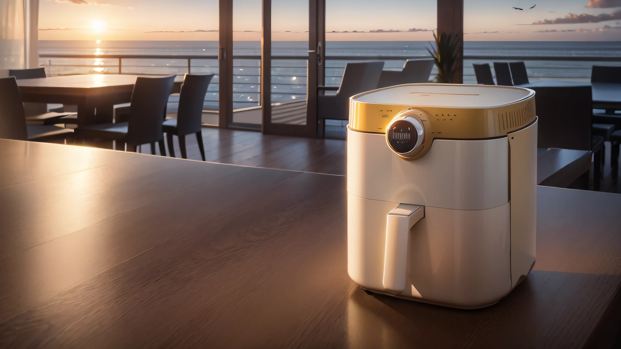 Air fryer placed on the table,the sea,Seagulls in the sky,Dusk,Evening clouds,The golden sun rises in the distance, Sea waves,seagulls,Modern tall house in the distance , Chiaroscuro, hyper HD, 8K, Best picture quality ,realisticlying,Foto realism,cupboard,Lens perspective blur,Bright lights,Realistic lighting