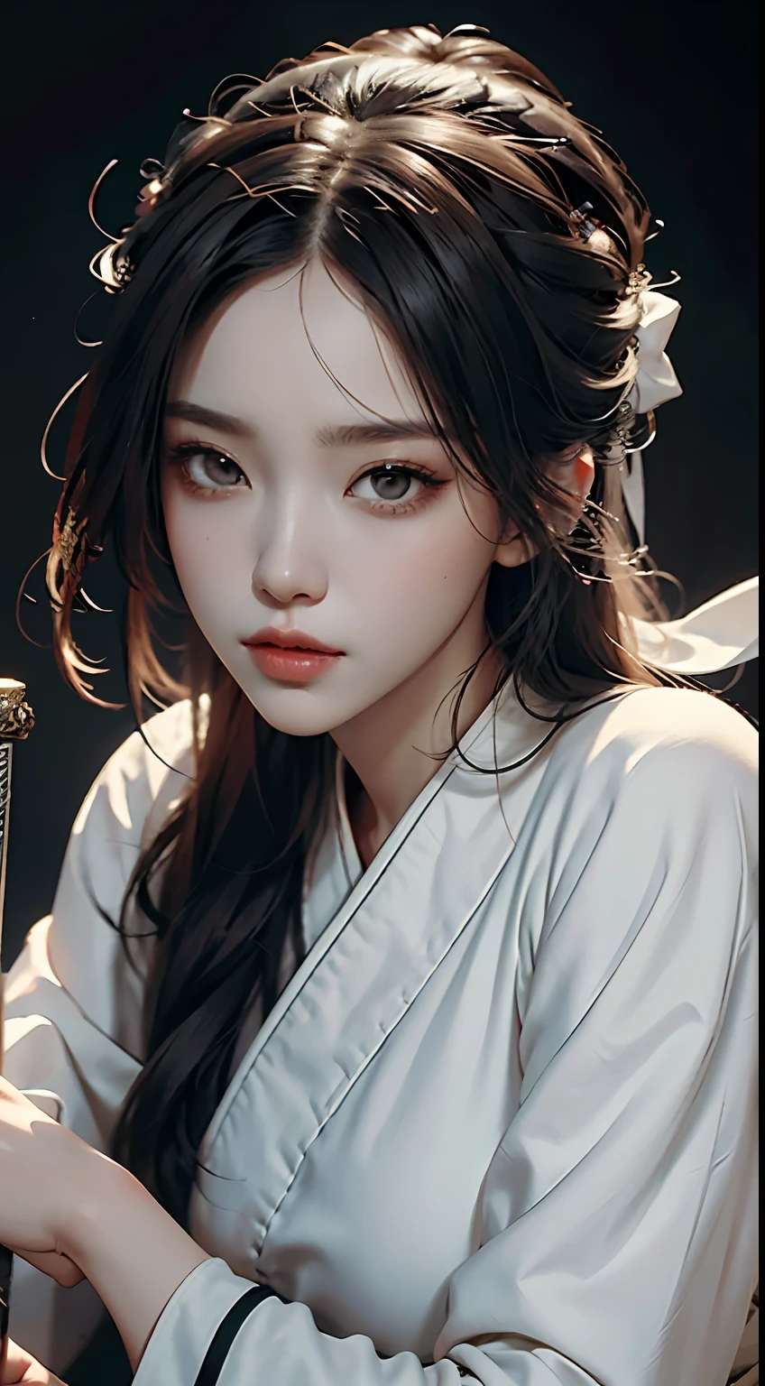Close-up of a woman in a white dress holding a sword, portrait of Yang J, popularity of cgsociety, blindfolded with a black ribbon, fantasy art, beautiful figure painting, best quality, masterpiece, super high resolution, (realism: 1.4), original photo, portrait, (half: 1.4), ultra-wide angle, Guvez style artwork, Guwiz, white Hanfu, flowing white robe, full body martial arts, epic exquisite character art, stunning character art, beautiful woman