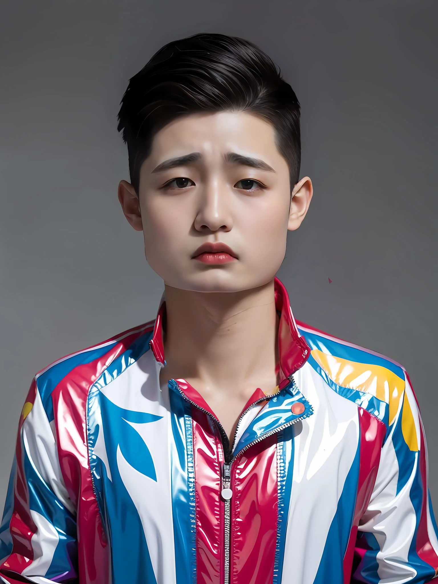 A Chinese male high school student，Wear colorful PVC casual clothes