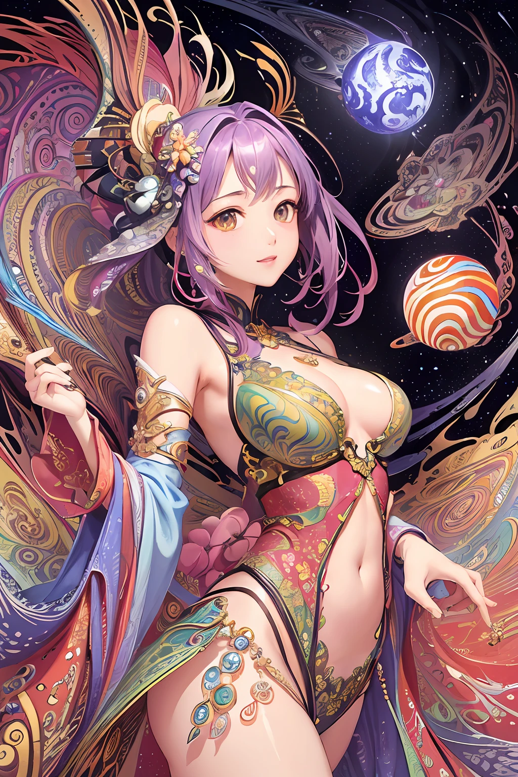 (masterpiece、top-quality、top-quality、Official art、Beautifully Aesthetic:1.2)、A highly detailed、(Fractal Art:1.1)、(colourfull:1.1)(Venus:1.6)、The most detailed、(Zentangle:1.2)、(Dynamic Poses)、(Abstract background:1.3)、(shinny skin)、(Many colors:0.8)、、(耳Nipple Ring:1.4)、(pluma:0.9)、Taisho romance、