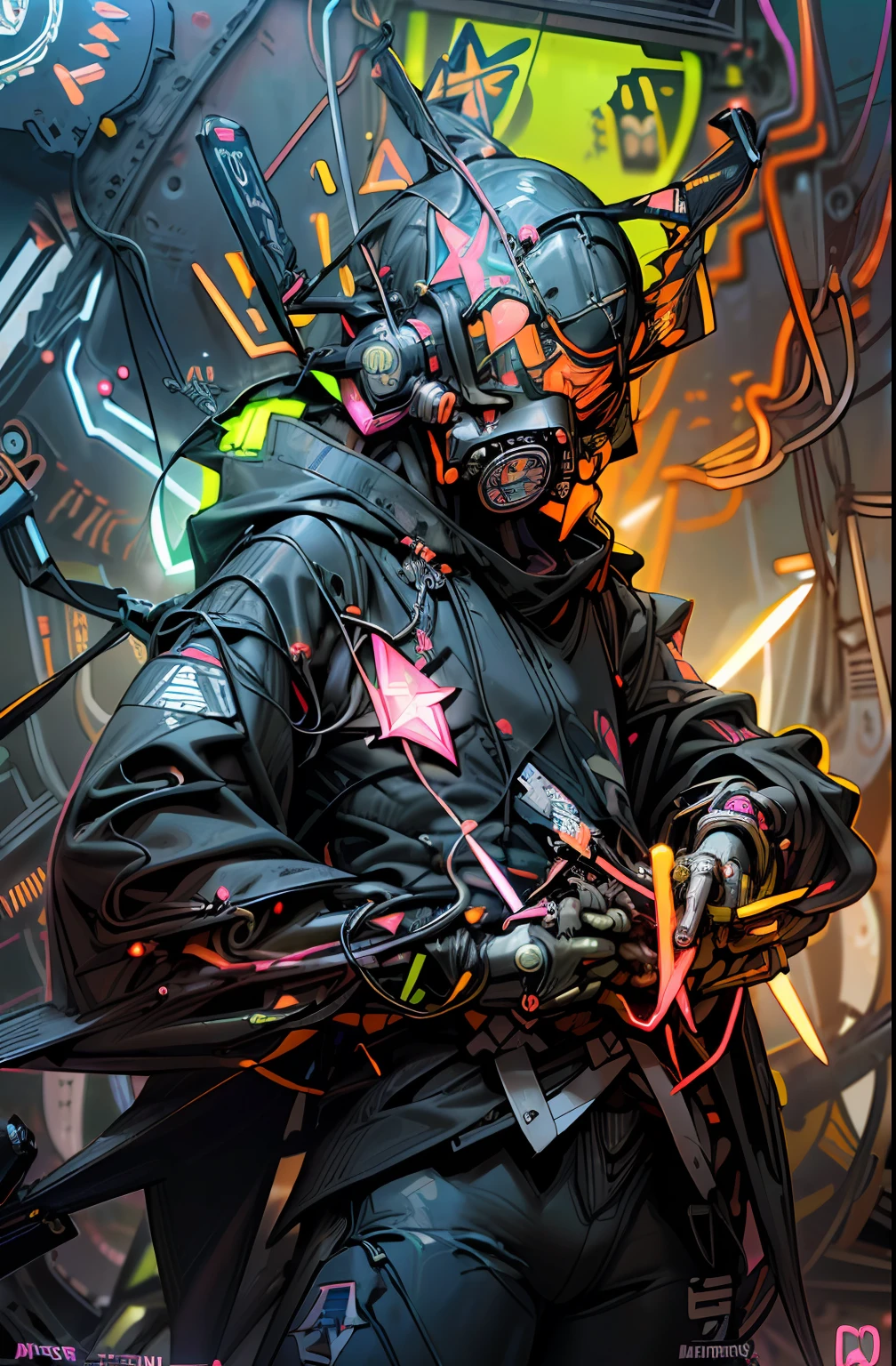 full Helmet、(gas masks:1.3)、(Neon Beam)、(explosions:1.8)、(neon wiring:2)、(psychedelic:1.3)、(shuriken:1.7)、(Knives)、(Wearing a hood)、colourfull、cyberpunked、(独奏:1.5)、Mechanical Marvel、droid、(((​masterpiece、top-quality、Beautiful、ultra-detailliert)))