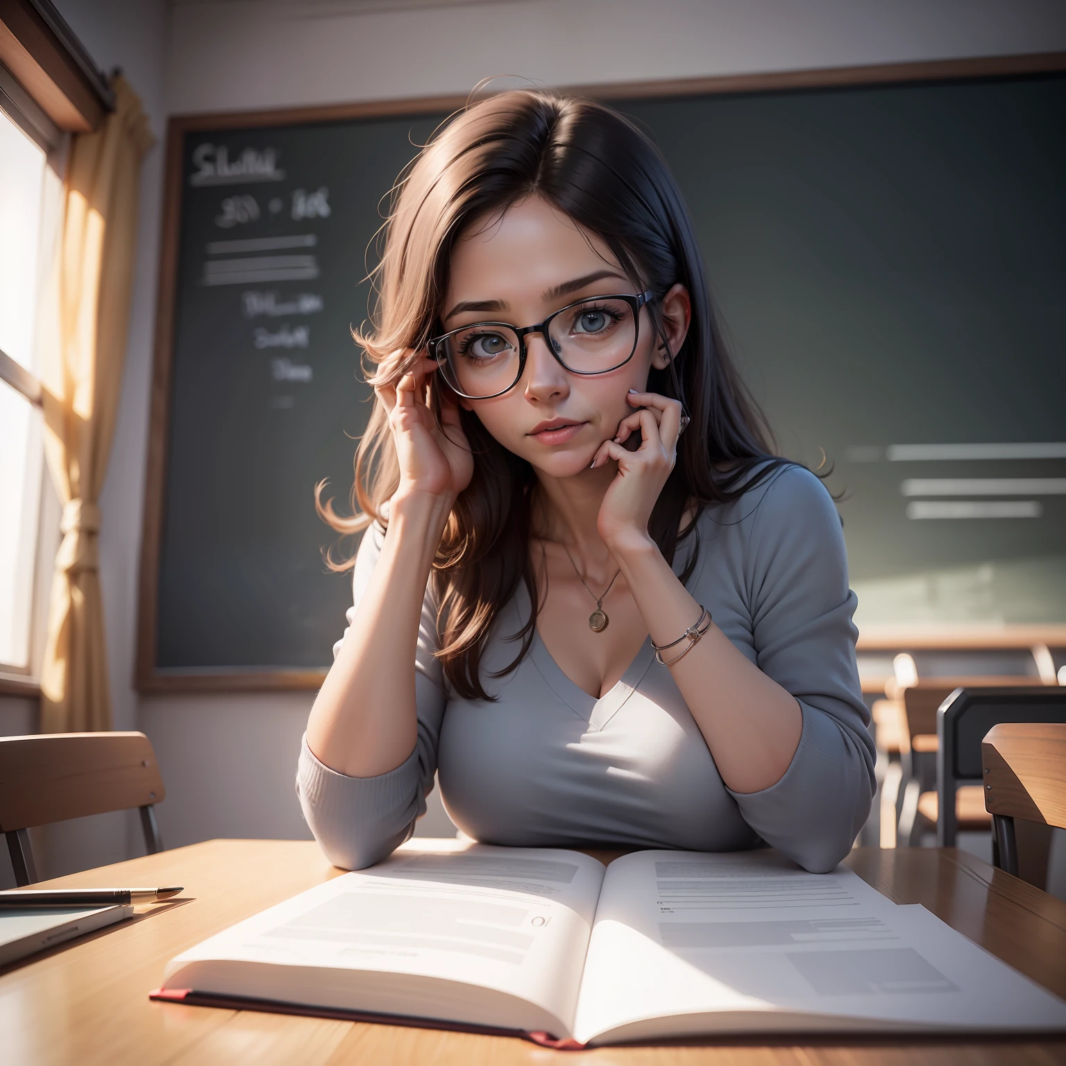 Desenho hiper-realista, extremamente detalhado em qualidade 8k, a woman with a 30-year-old appearance, teacher with glasses, em uma sala de aula com uma lousa ao fundo.