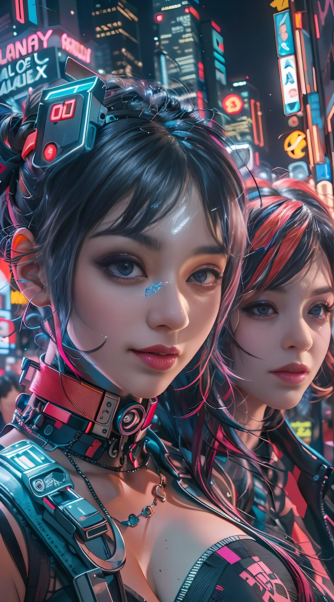 masterpiece, best quality, 2 smiling cyberpunk girls standing together, Harajuku-inspired cyberpunk body harness, bold colors and patterns, eye-catching accessories, trendy and innovative hairstyle, vibrant makeup, Cyberpunk dazzling cityscape, skyscrapers, neon signs, LED lights, bright and vivid color scheme, anime, illustration, detailed skin texture, detailed cloth texture, beautiful detailed face, intricate details, ultra detailed.