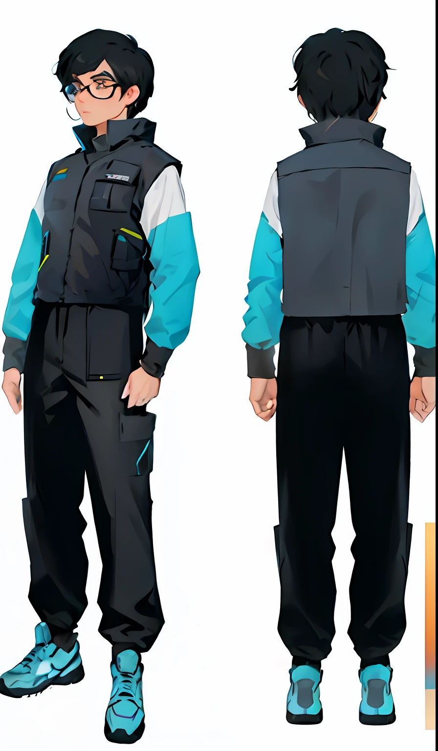 adult man, Black hair, short detailed hair,Wear glasses, (Futuristic sci-fi style,Doomsday adventurer,Slim tech clothing,Pants with multiple pockets,Multi-pocket vest,Fit clothing,Wear wave shoes
