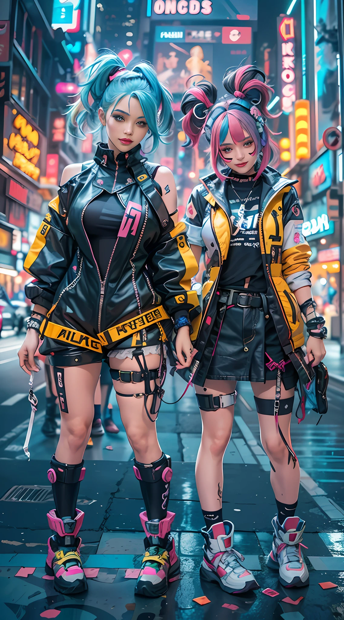 masterpiece, best quality, 2 smiling cyberpunk girls standing together, Harajuku-inspired cyberpunk body harness, bold colors and patterns, eye-catching accessories, trendy and innovative hairstyle, vibrant makeup, Cyberpunk dazzling cityscape, skyscrapers, neon signs, LED lights, bright and vivid color scheme, anime, illustration, detailed skin texture, detailed cloth texture, beautiful detailed face, intricate details, ultra detailed.