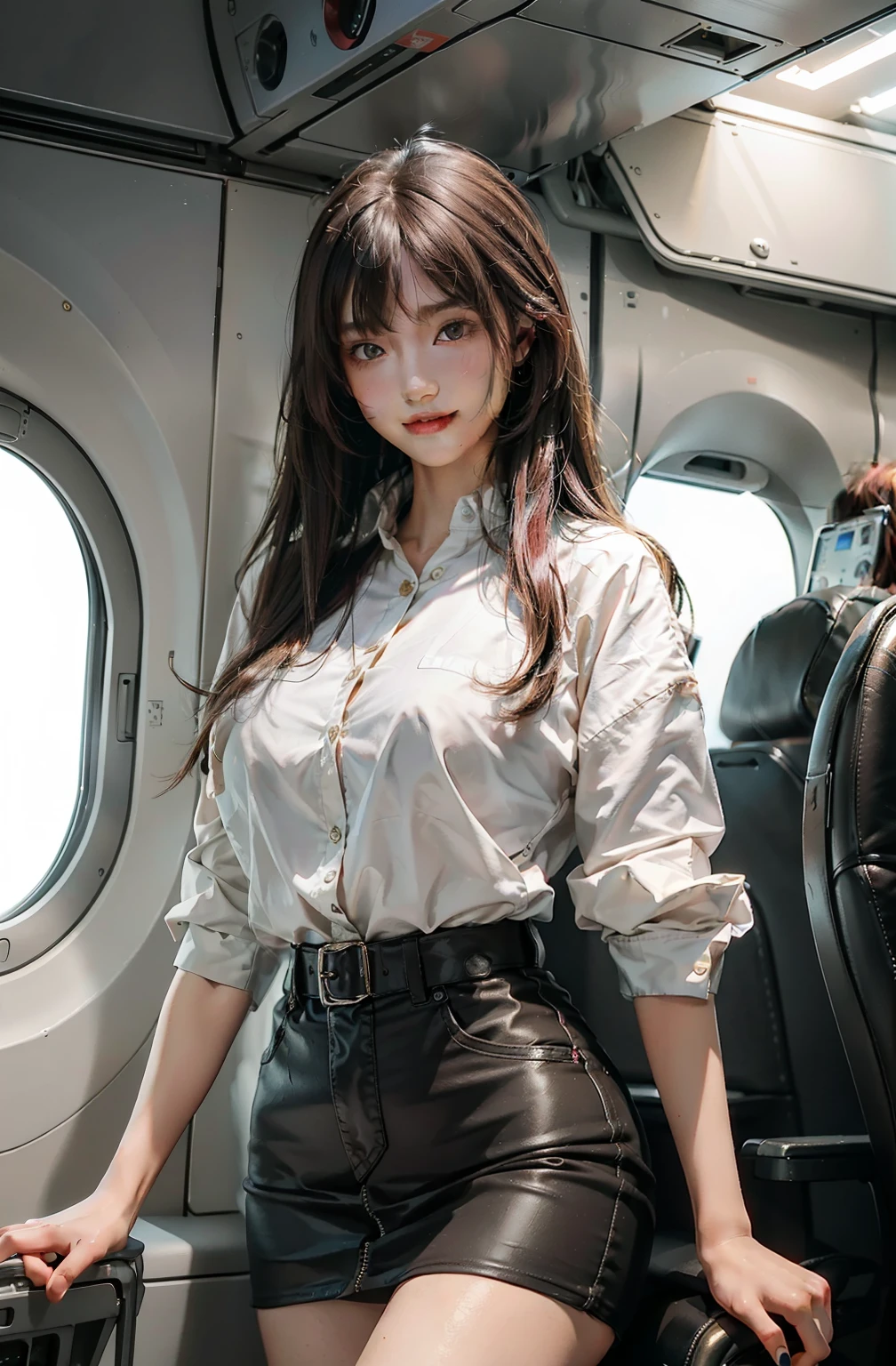 top-quality、​masterpiece、超A high resolution、(Photorealsitic:1.4)、Raw photo、女の子1人、Brown hair with bangs、drooing eyes、thin-waist、Colossal tits、CA Uniform、On the plane、slim figure、Light smile with visible teeth