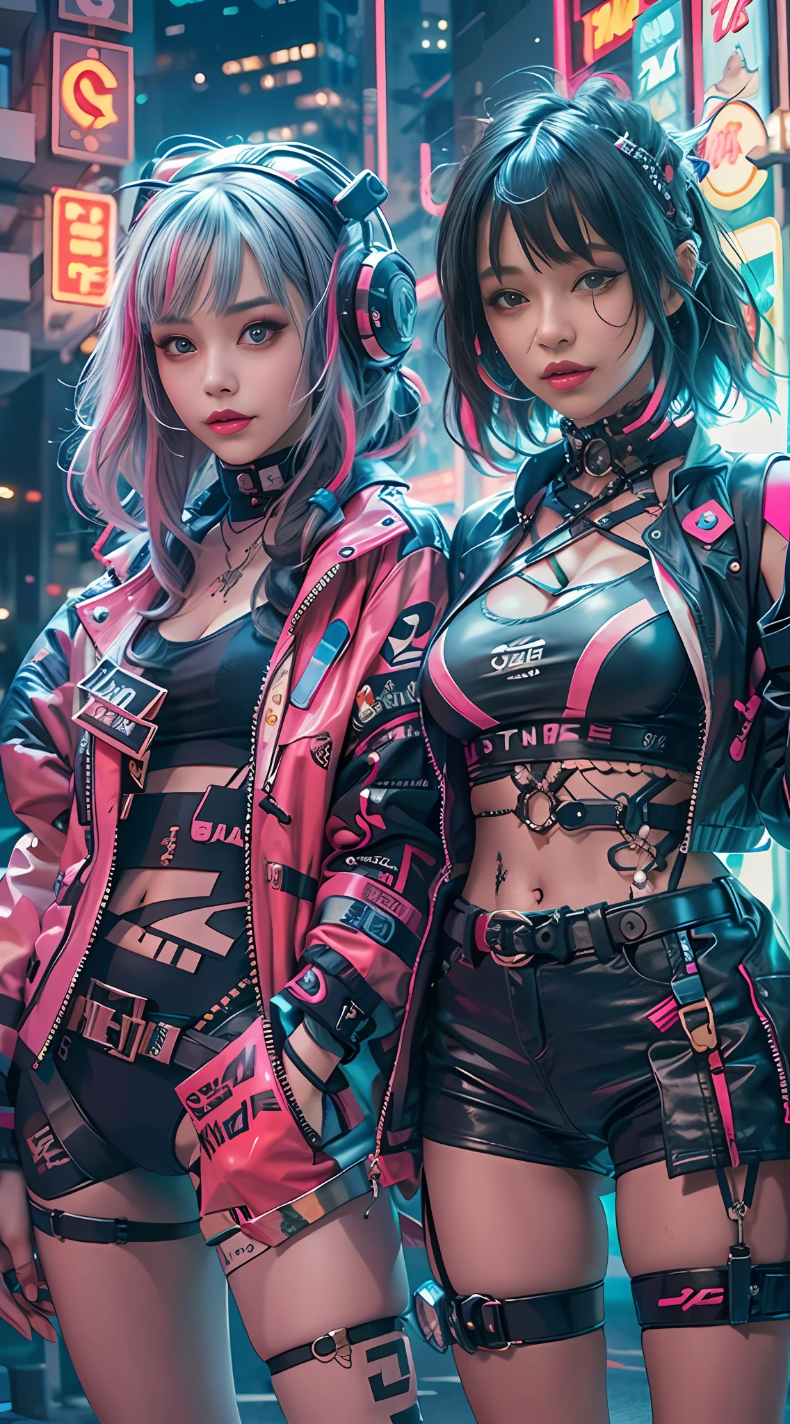 masterpiece, best quality, 2 smiling cyberpunk girls standing together, Harajuku-inspired cyberpunk body harness, bold colors and patterns, eye-catching accessories, trendy and innovative hairstyle, vibrant makeup, Cyberpunk dazzling cityscape, skyscrapers, neon signs, LED lights, bright and vivid color scheme, anime, illustration, detailed skin texture, detailed cloth texture, beautiful detailed face, intricate details, ultra detailed.