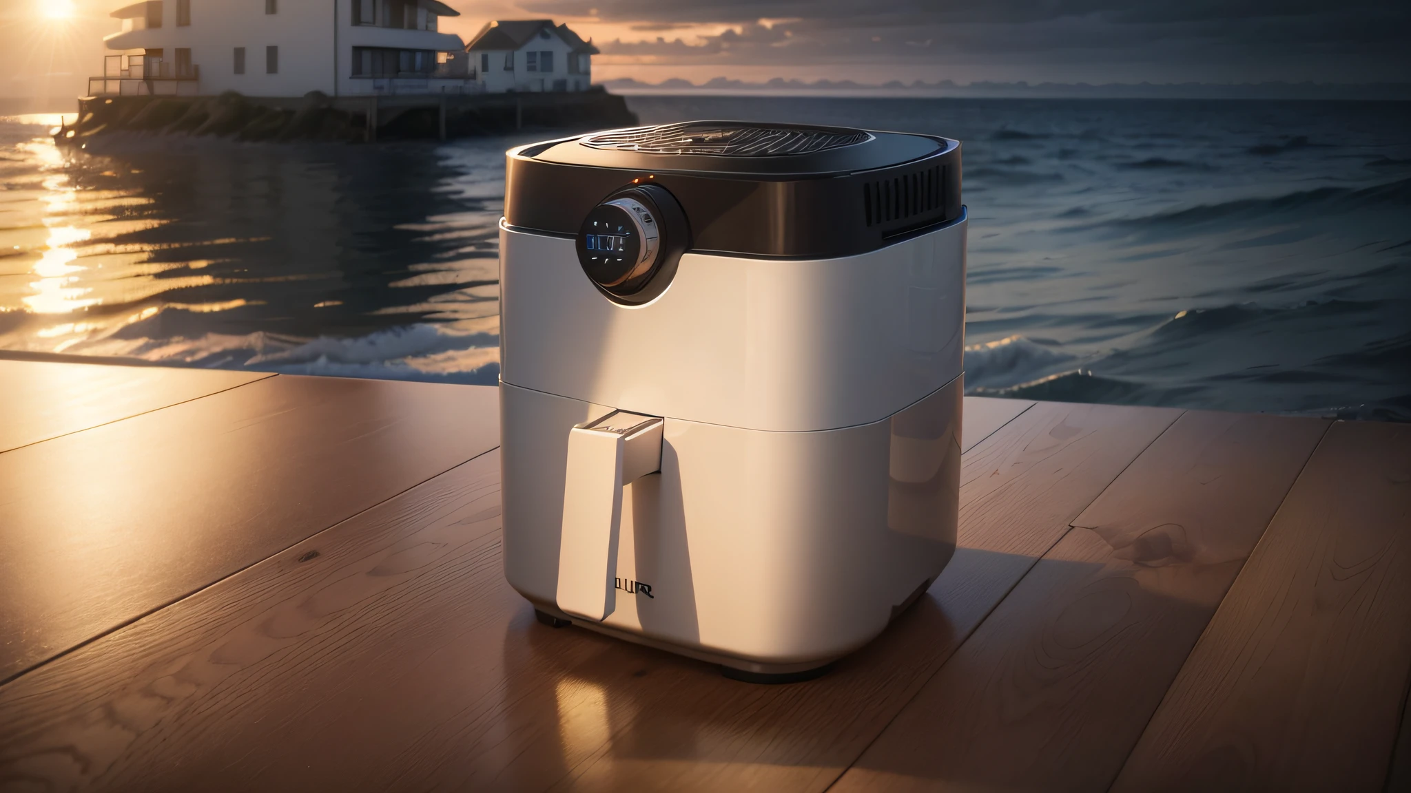 Air fryer placed on the table，the sea，Seagulls in the sky，Dusk，Evening clouds，The golden sun rises in the distance， Sea waves，seagulls，Modern tall house in the distance ， Chiaroscuro, hyper HD, 8K, Best picture quality ,realisticlying，Foto realism，cupboard，Lens perspective blur，Bright lights，Realistic lighting
