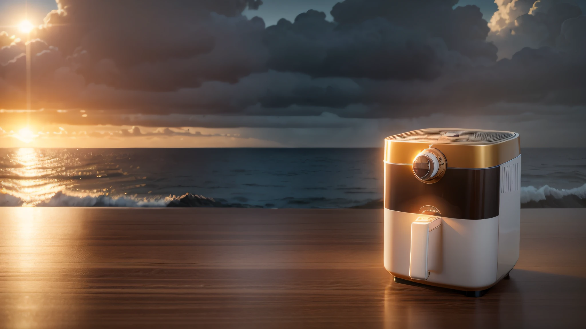 Air fryer placed on the table,the sea,Seagulls in the sky,Dusk,Evening clouds,The golden sun rises in the distance, Sea waves,seagulls,Modern tall house in the distance , Chiaroscuro, hyper HD, 8K, Best picture quality ,realisticlying,Foto realism,cupboard,Lens perspective blur,Bright lights,Realistic lighting