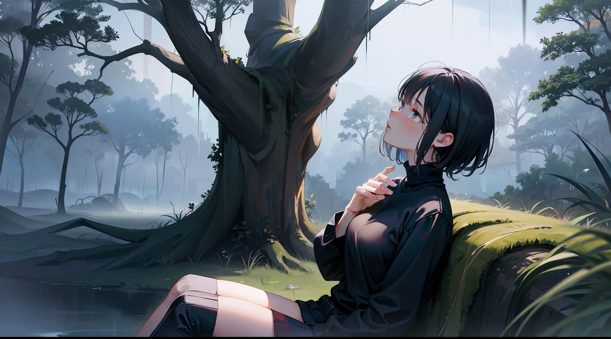 A teenage girl has short black hair, wearing black turtleneck sweater and a black short skirt and a gothic boots. She sits on a big old tree on top of a hill while tears dropping onto her cheeks longing and missing her lover. It's raining. (Illustration) (high resolution) (detailed art) she is looking at the sky as the rain falls on her face, sad atmosphere. Lots of trees behind her, she's sitting behind a big old tree, looking at the SKY