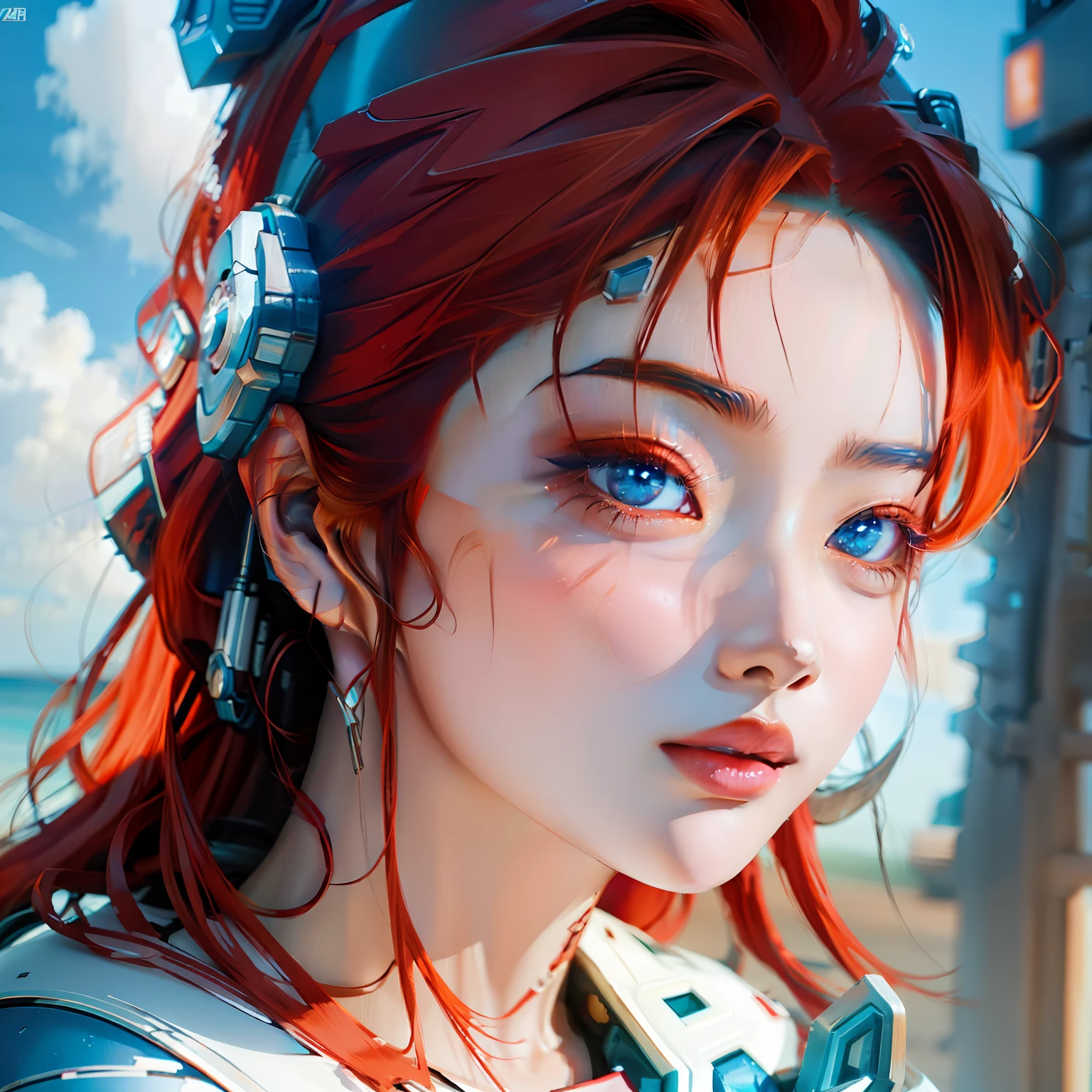 Costume de mecha，Close-up of a woman with red hair and blue and white, anime realism style, realistic anime artstyle, Guviz-style artwork, anime styled digital art, Realistic anime 3 D style, made with anime painter studio, Digital anime art, a beautiful anime portrait, anime digital art, Anime style. 8K, advanced anime digital art