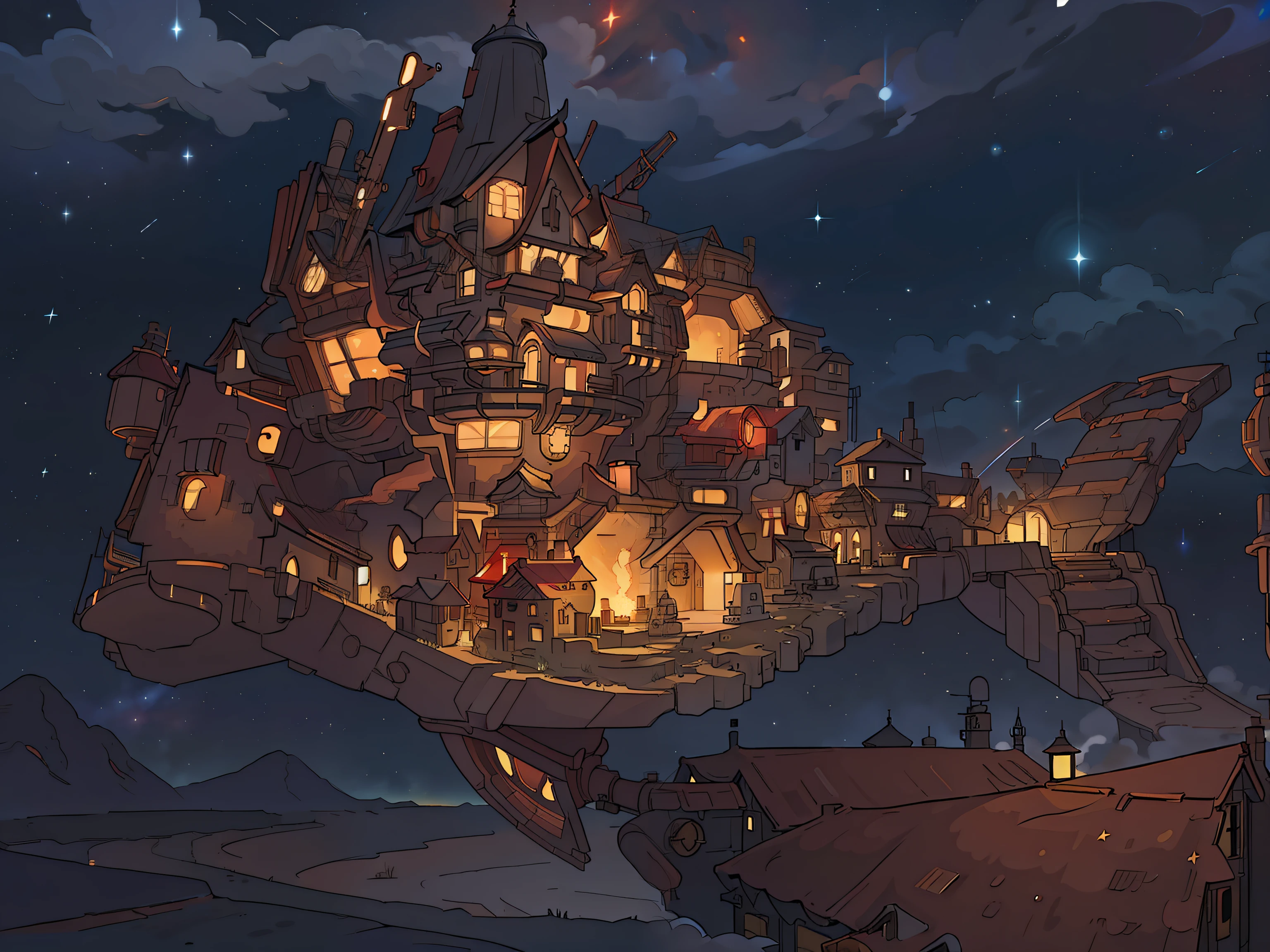 masterpiece, best quality, extremely details, gear, house, night sky, red lights, stars, universe, masterpiece, masterpiece, house, lightings, sci-fi, houses, town on the back, steam punk,