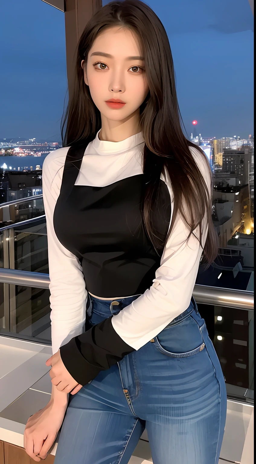 ((Midnight, Best quality, 8k, Masterpiece :1.3)), Whole body, Long legs, Sharp focus :1.2, A pretty woman with perfect figure :1.4, Slender abs :1.1, ((Dark brown hair, Big breasts :1.2)), (White tight tshirt, Jean bib, Standing:1.2), ((Night city view, Rooftop:1.3)), Highly detailed face and skin texture, Detailed eyes, Double eyelid