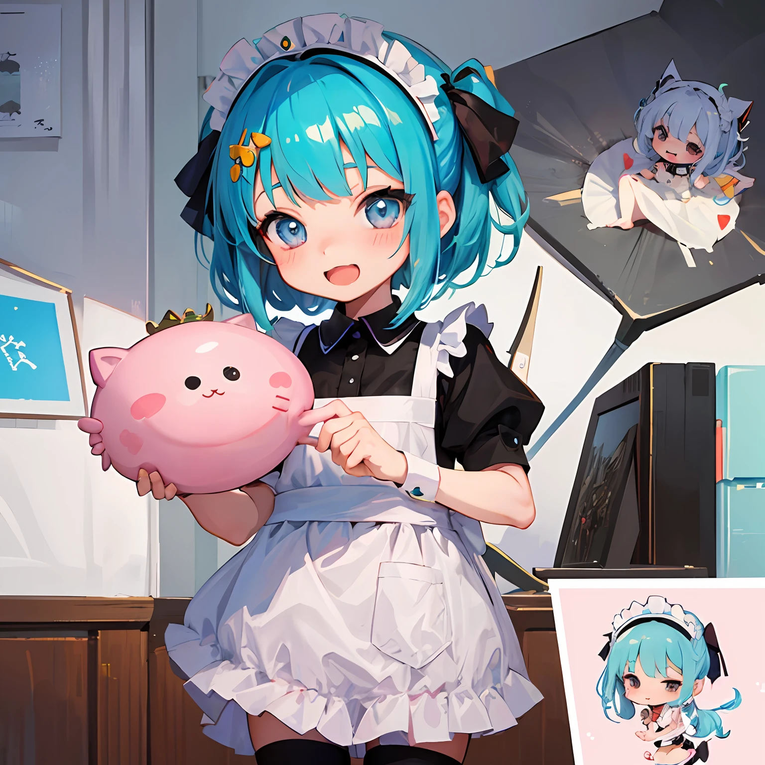 (chibi:1.3), chibi character, deformed, a cute girl, happy, shy, maid clothes anime, manga, illustration, fantasy