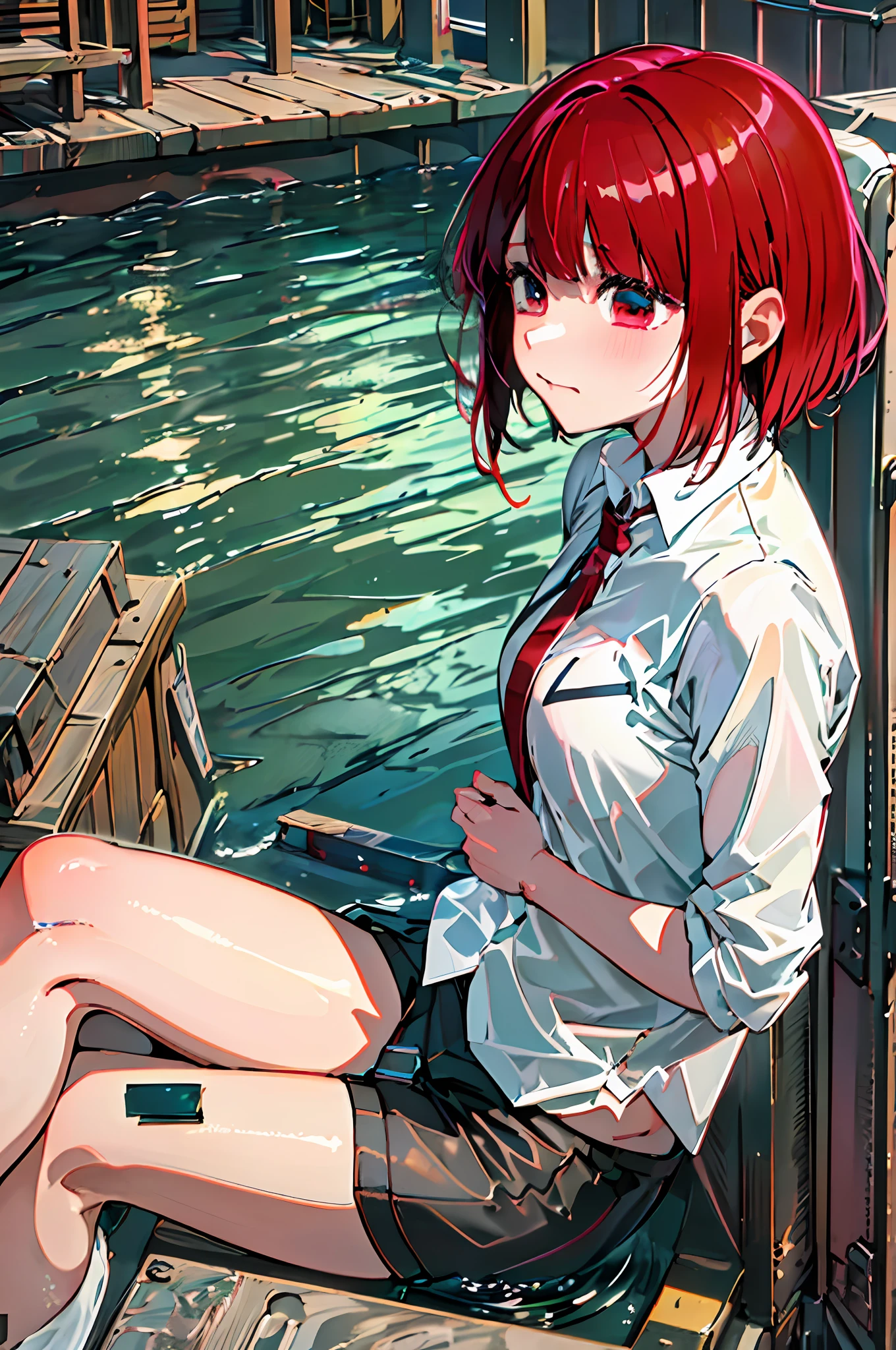 Masterpiece in detail, Absurdity, High resolution, reflection, refraction: 1.4, Ultra detail: 1.0, BREAK (Model shooting style, (Masterpiece: 1.3), (Absurdity: 1.3), (Best quality: 1.3), (8K), (Masterpiece Digital Art), (Detailed manga illustration), (Bob Cut Hair), Perfect Anatomy, (Complex Details: 1.3), (Super Detail: 1.3), ( Super Detail:1.3), (Sharp Focus:1.3), (Vibrant Color:1.3), 1 Girl, Solo, Ali Makana, Idol, (Bob Cut Hair:1), Hair Between Eyes, Multicolored Hair, (Two-tone Hair, Red Hair, Pink Hair), Red Eyes, Floating Hair, Leaning Back, (Sweat, Sweat Drops), (Wet, Wet Clothes, Light Y-shirt, sports bra staggered, wet hair, shiny), blue miniskirt, partially unbuttoned, sitting, glanced, from above, (embarrassed, embarrassed, blush)) outdoors, old port town, landscape, on the bridge, portrait,