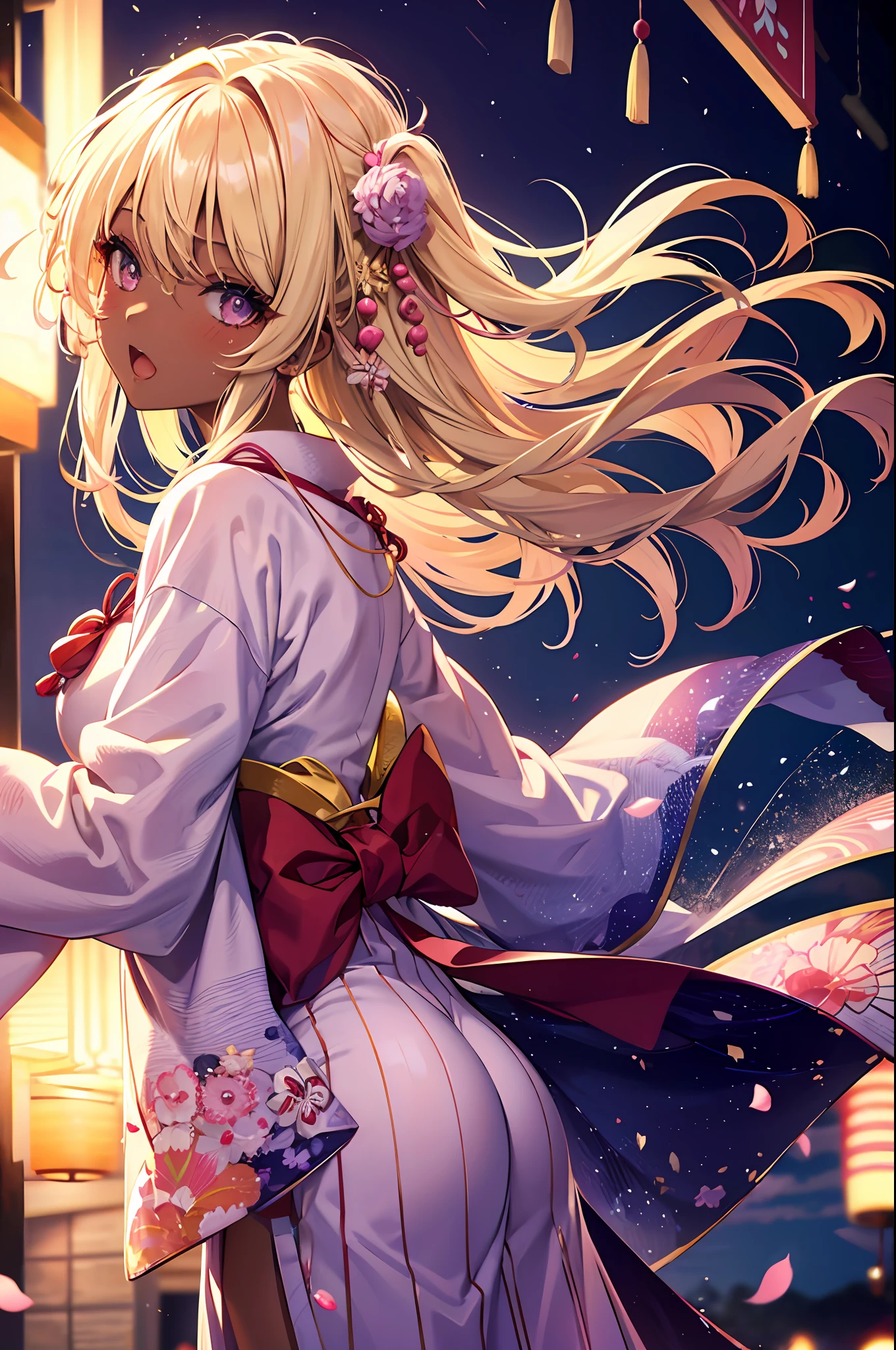 Top quality, masterpiece, incredibly beautiful, very delicate 8k wallpaper, transcendently beautiful girl, gal, (dark skin), long hair, (blonde hair pink gradient hair), hair bunch, break, big mouth open and laughing, long eyelashes, makeup, sparkling eyes, (constriction, big, big ass), BREAK, yukata, drawstring, stall, summer festival,