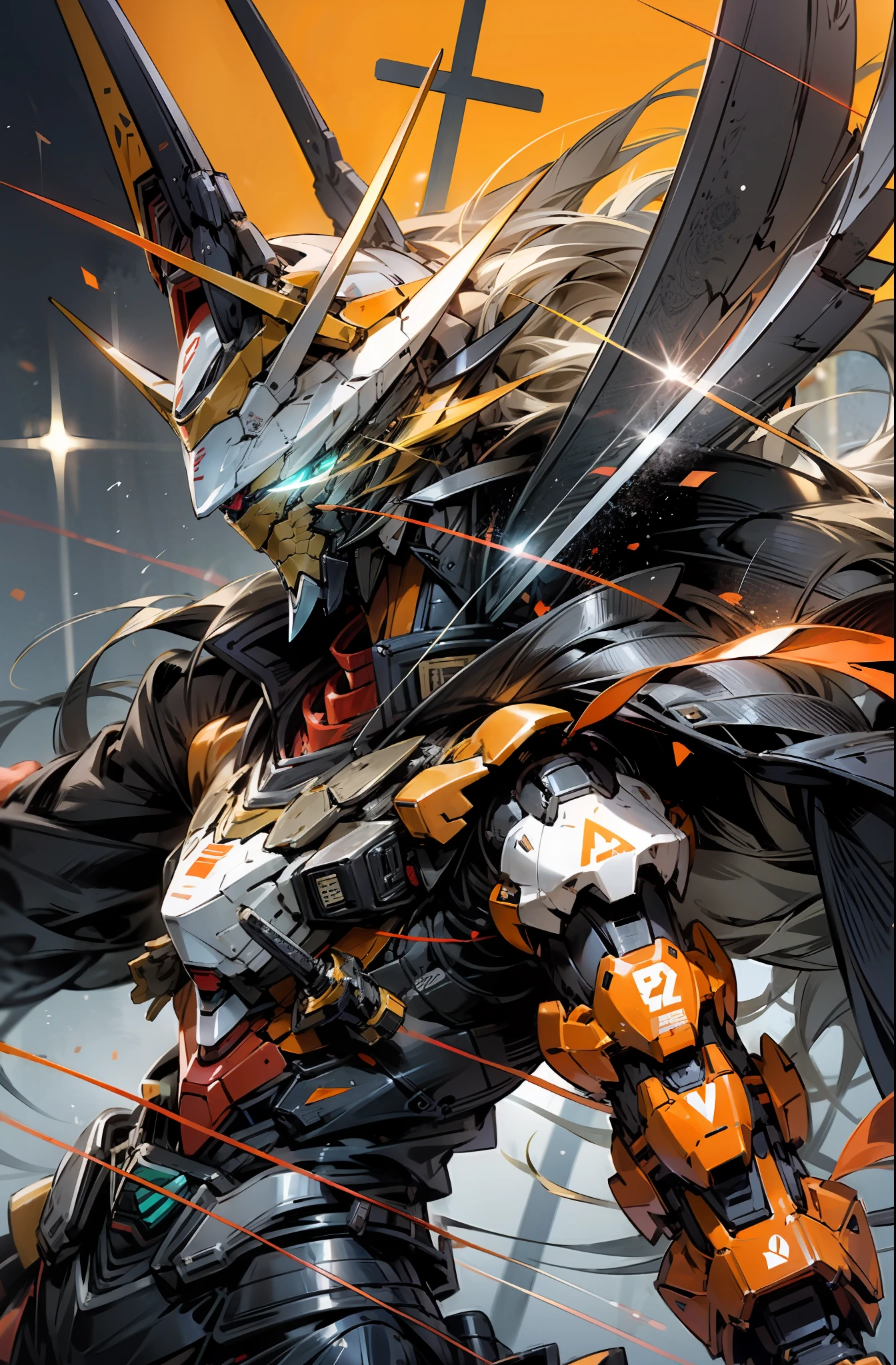 Bokeh, attack, concise, 8k wallpaper, robot, eyes glowing cross Orange, mecha, Dapeng spreading its orange fruit wings, holding a katana aiming at the target, diamond, orange, black, samurai Gundam, swordman Gundam, look at camera, (half body), ((beast)), blade Gundam, Kamen rider gaim,