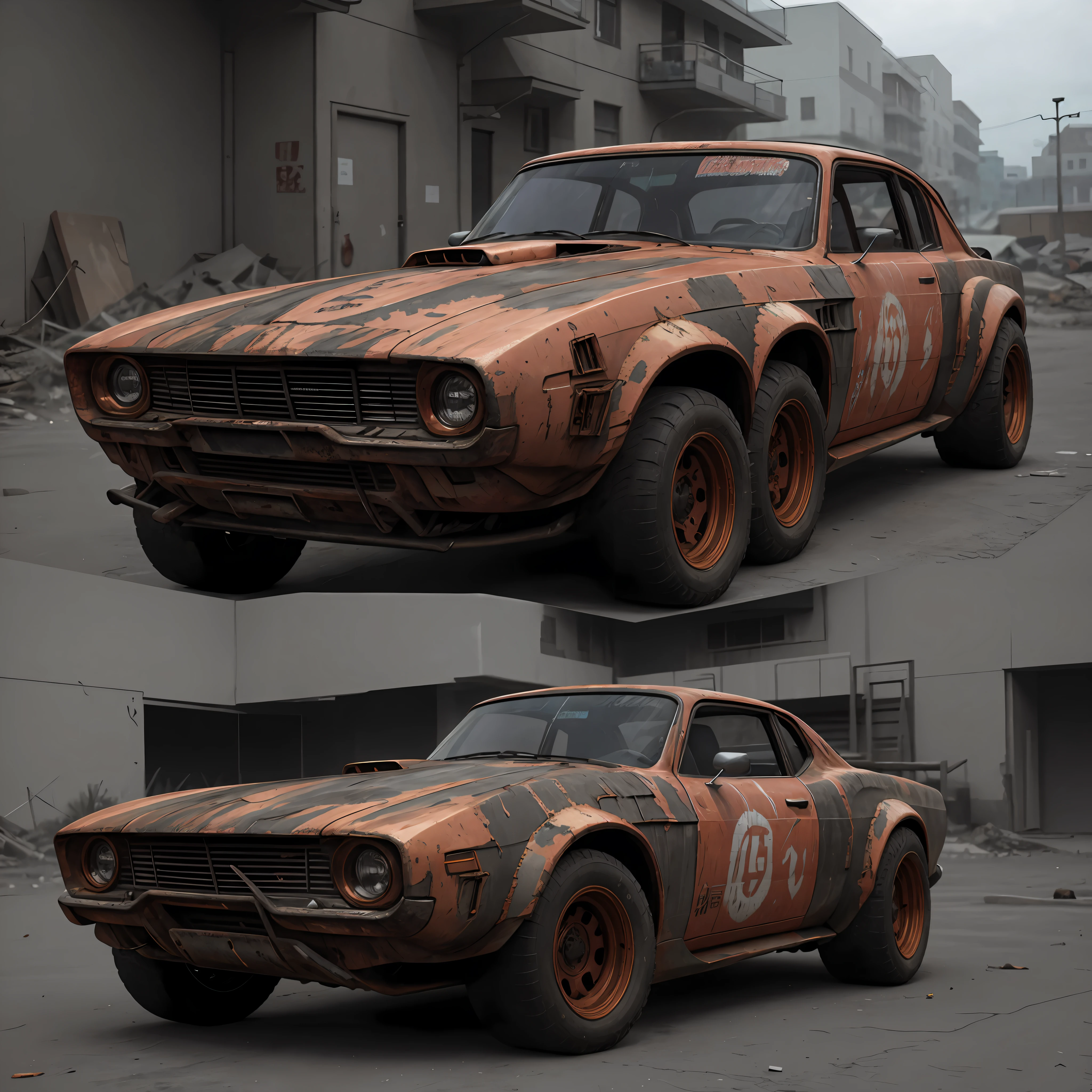 a photo of a rusty tslas (zeekars), 3/4 front view, survival, post-apocalyptic, cyberpunk, outdoors, night, destruction, urban decay, masterpiece, photorealistic, 8k, high detail, dark theme,