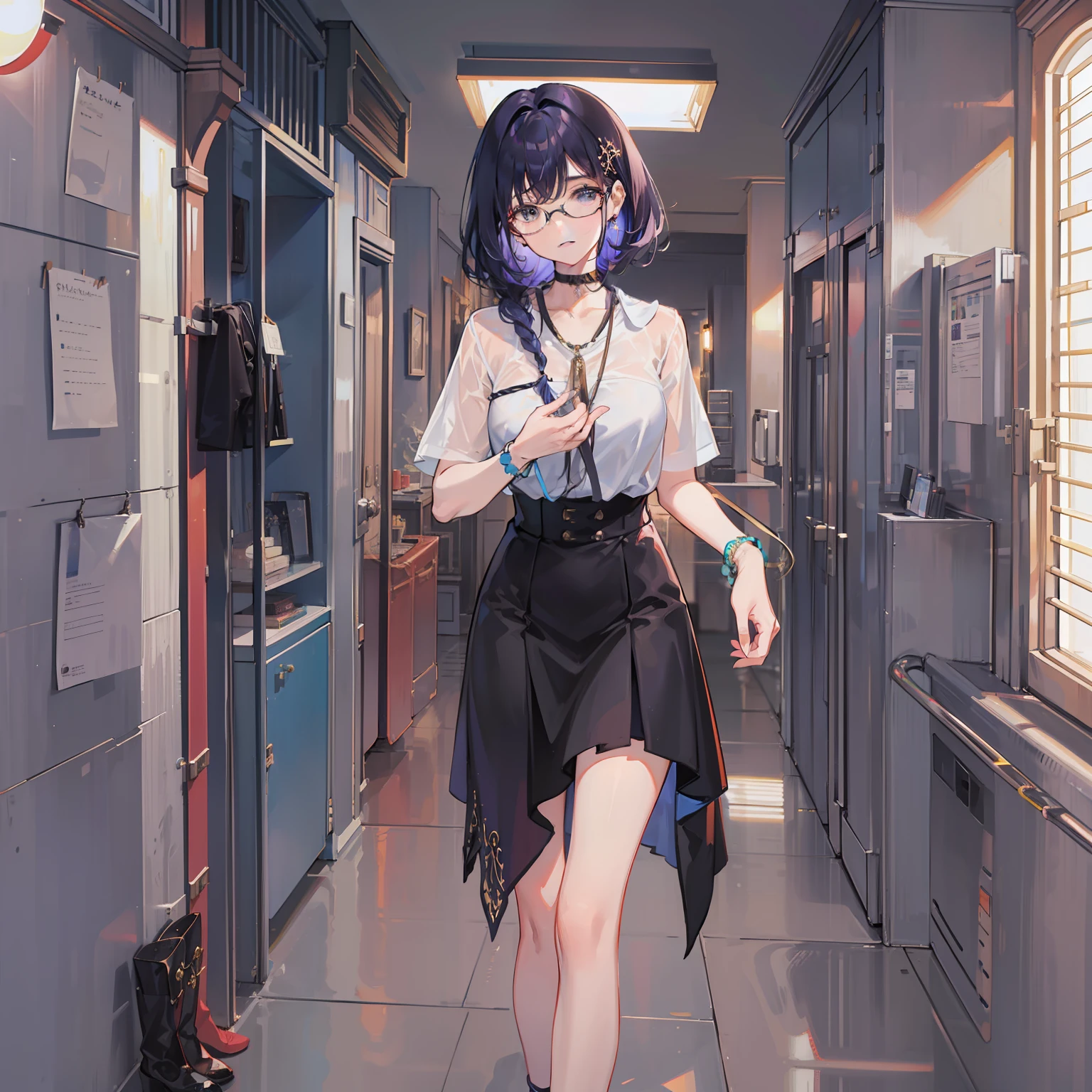 Menina de cabelo roxo e pequeno, cabelo com franja, vestindo um terno, arm with bracelets, comendo doce, girl with glasses, Standing in a hallway