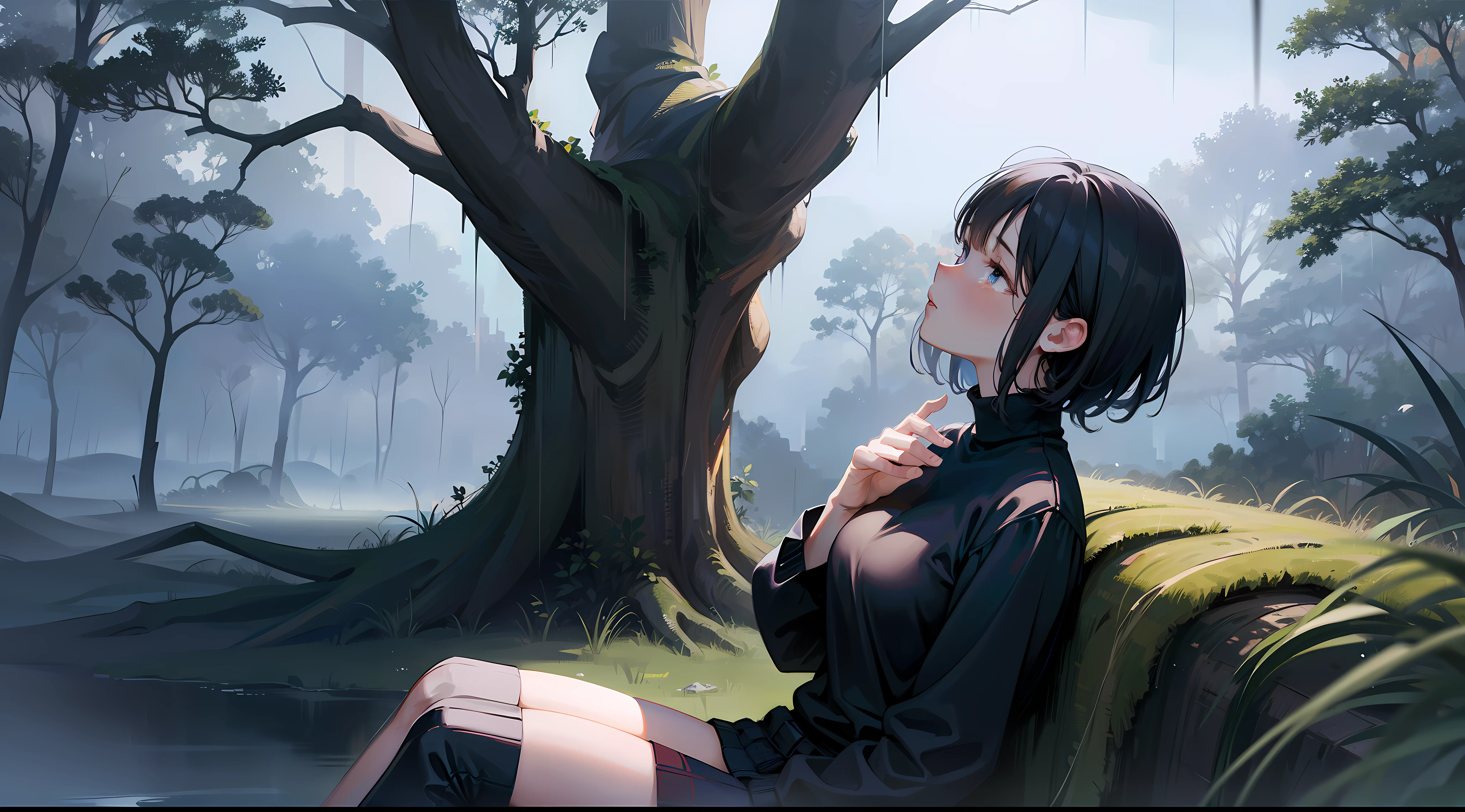 A teenage girl has short black hair, wearing black turtleneck sweater and a black short skirt and a gothic boots. She sits on a big old tree on top of a hill while tears dropping onto her cheeks longing and missing her lover. It's raining. (Illustration) (high resolution) (detailed art) she is looking at the sky as the rain falls on her face, sad atmosphere. Lots of trees behind her, she's sitting behind a big old tree, looking at the SKY