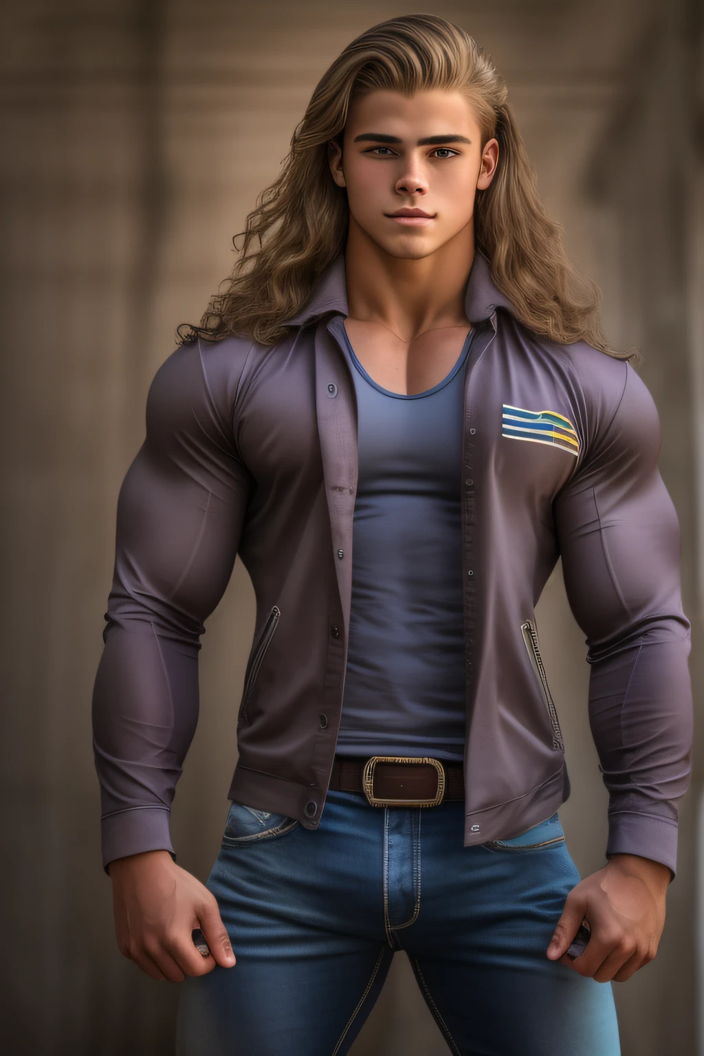 An 18-year-old boy bodybuilder, embodying the perfect fusion of Joey Lawrence and Cody Calafiore with long hair, exuding an aura of strength and confidence. Enhanced with HDR technology, this image depicts a true masterpiece with flawlessly rendered ???????, inspired by Regan Grimes