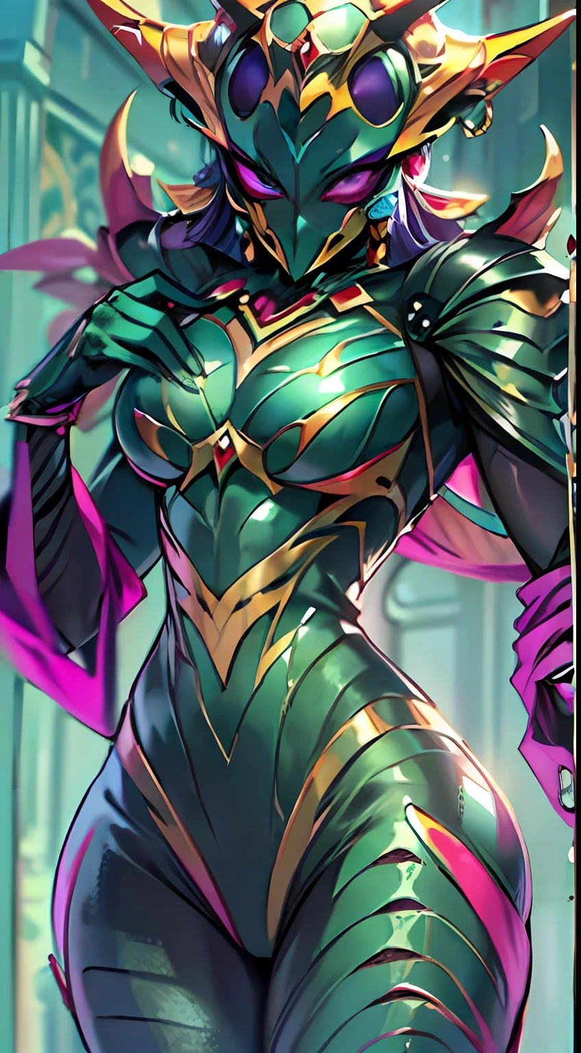 Cartoon photo of a woman in a beautiful purple costume、Hot insect humanoid female、a person々takeout、Guyver Style、SFW version、Scarabeleploid、tail、Full Face Mask Cell Shade Adult Animation、Alien Queen、